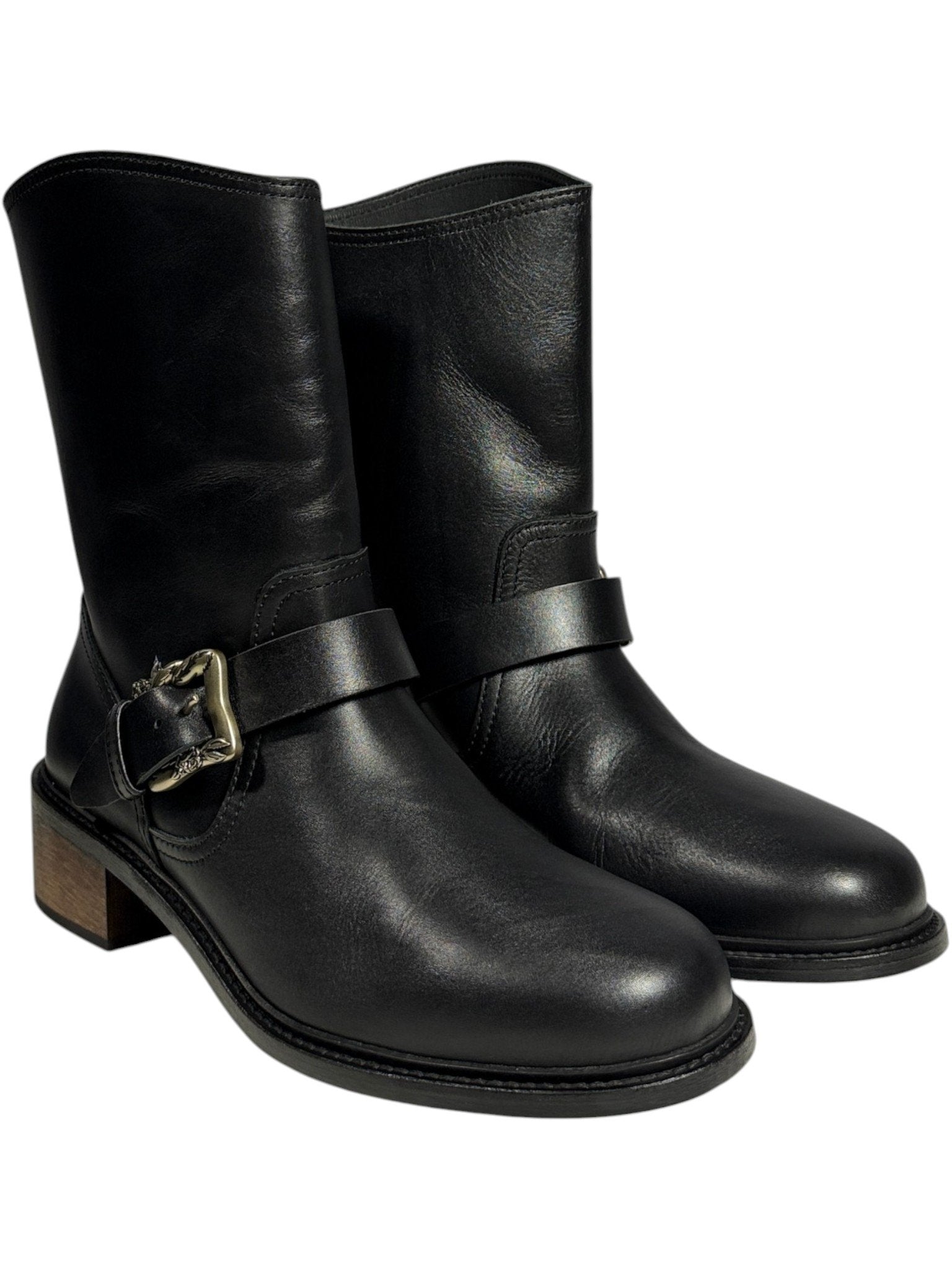 ERD Short Shaft Motorcycle boots black leather stacked wooden block heel