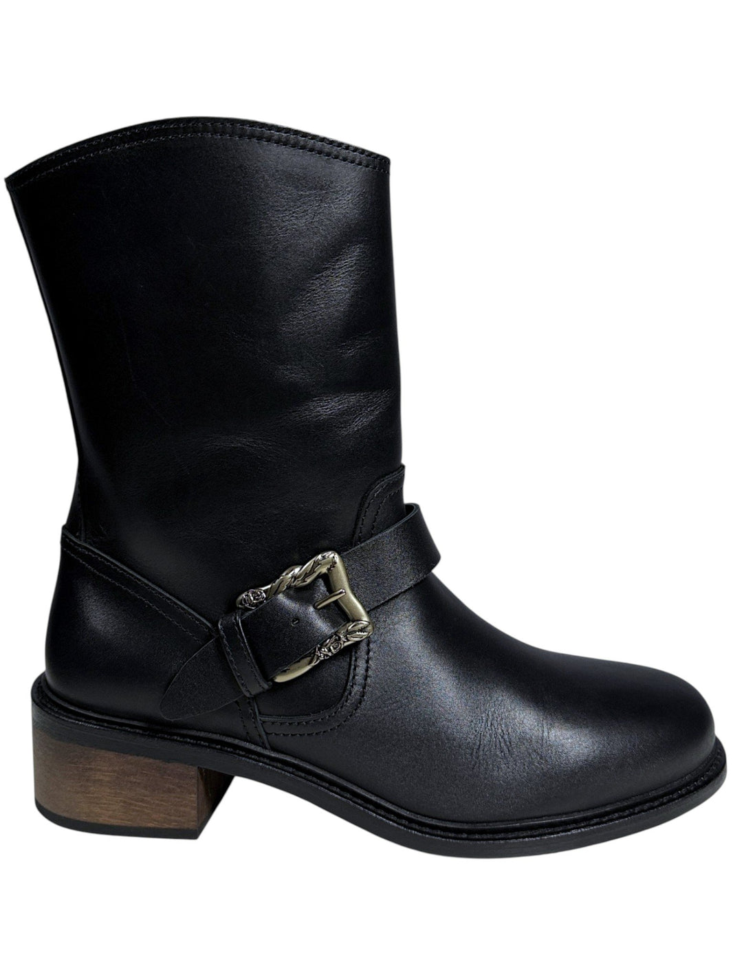 Wooden block heel biker boot black leather rose buckle ERD