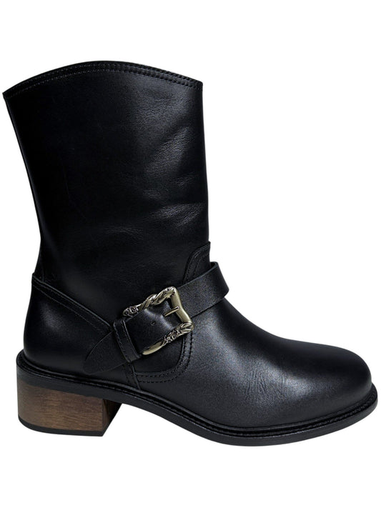 Wooden block heel biker boot black leather rose buckle ERD