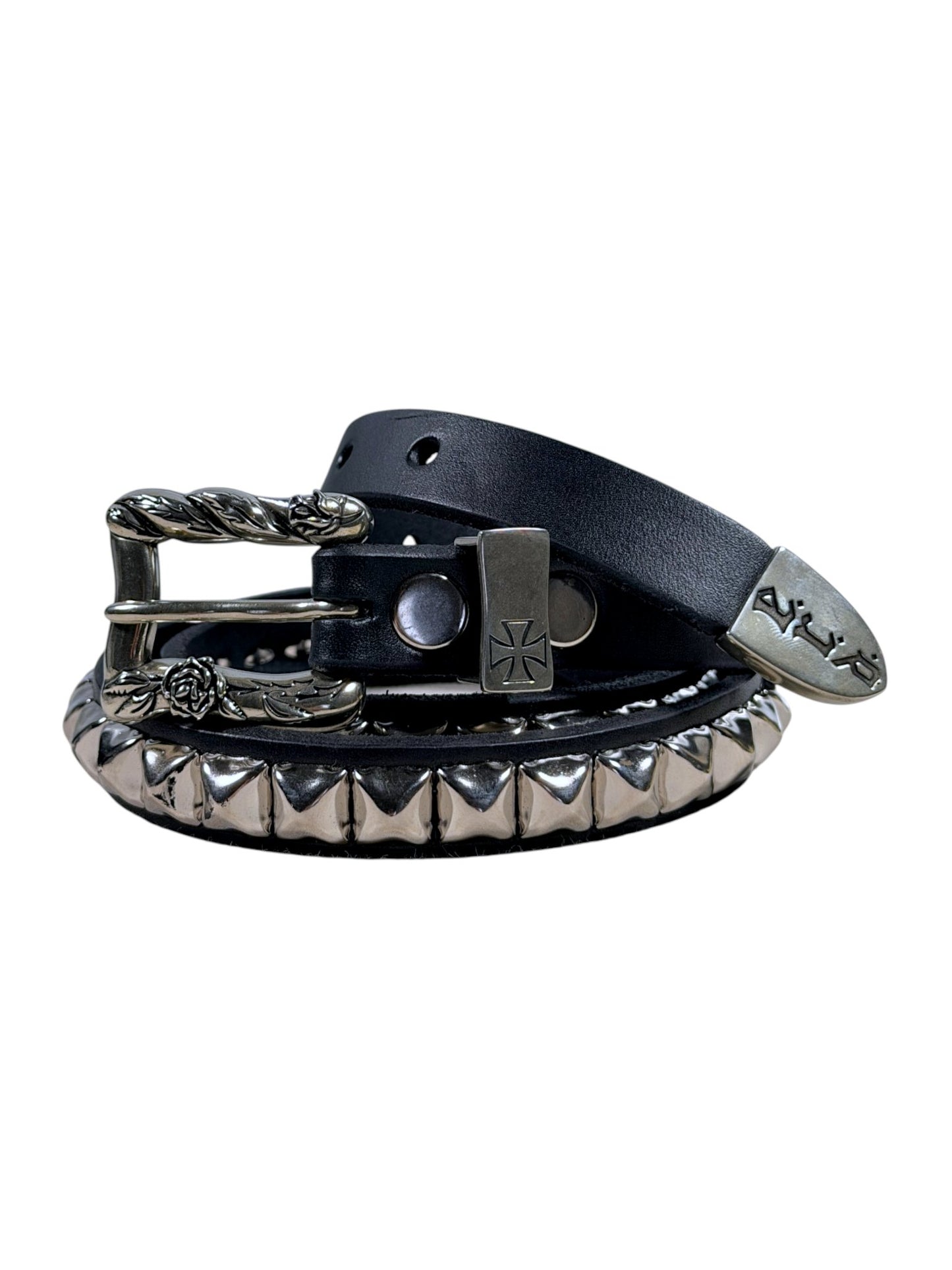 Black studded leather belt Enfants Riches Déprimés silver rose buckle