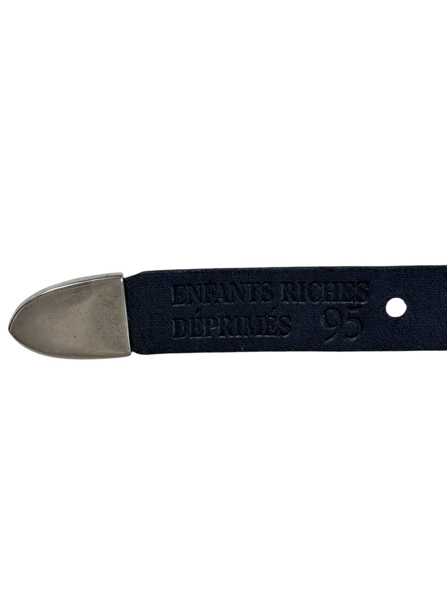 Engraved ERD silver tip black leather rose buckle belt