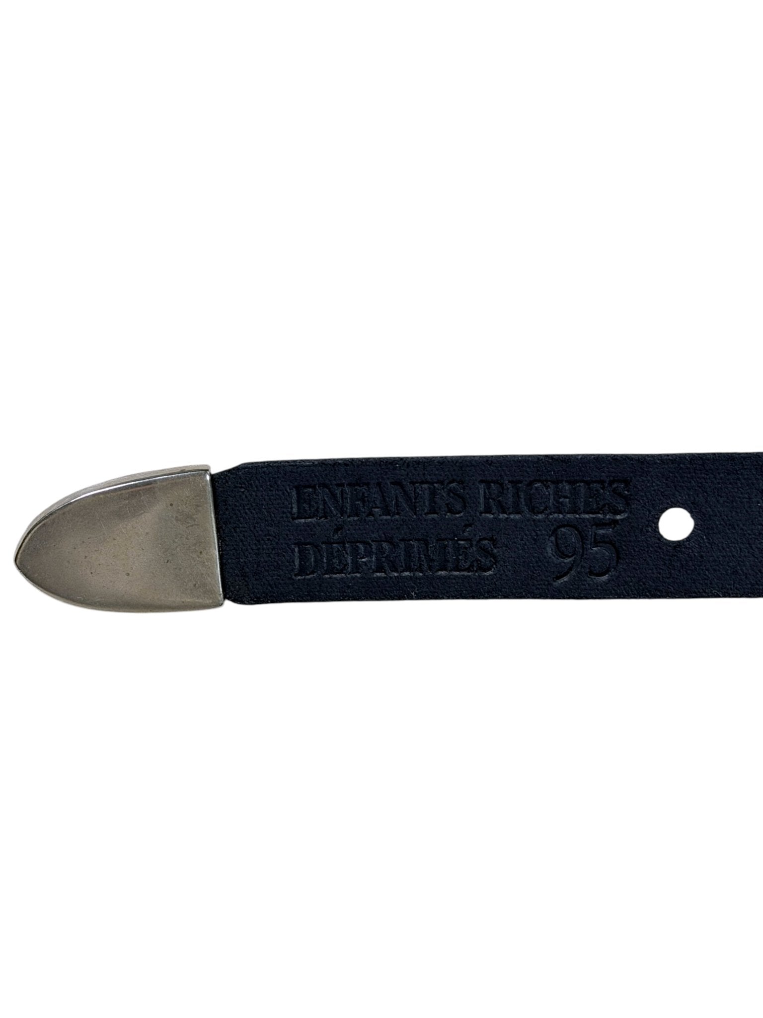 Engraved ERD silver tip black leather rose buckle belt