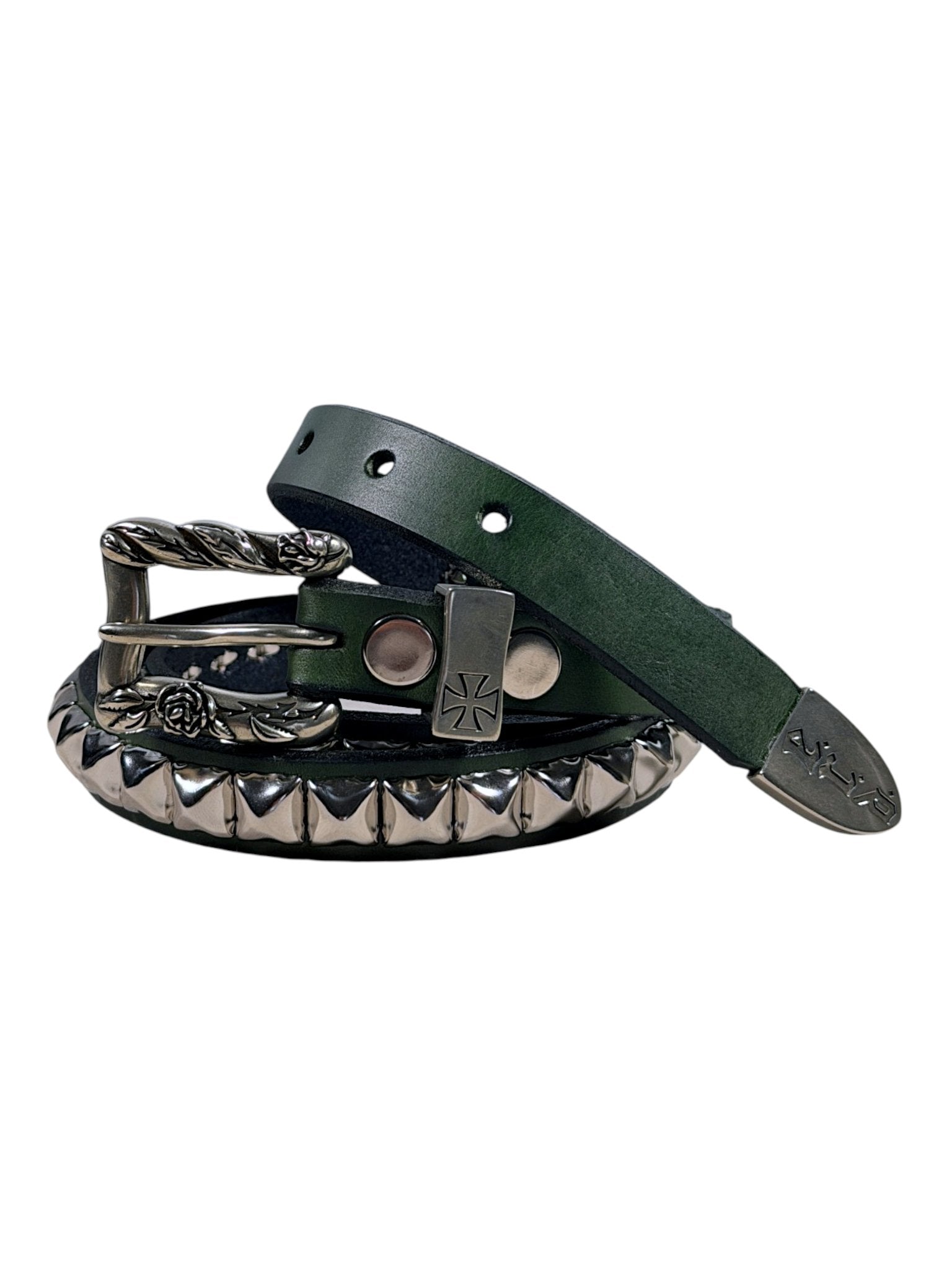 Enfants Riches Déprimés green studded leather belt rose buckle