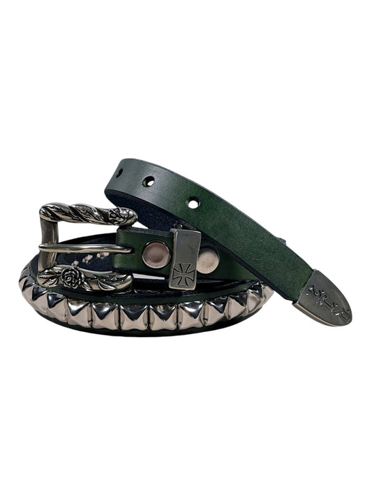 Enfants Riches Déprimés green studded leather belt rose buckle