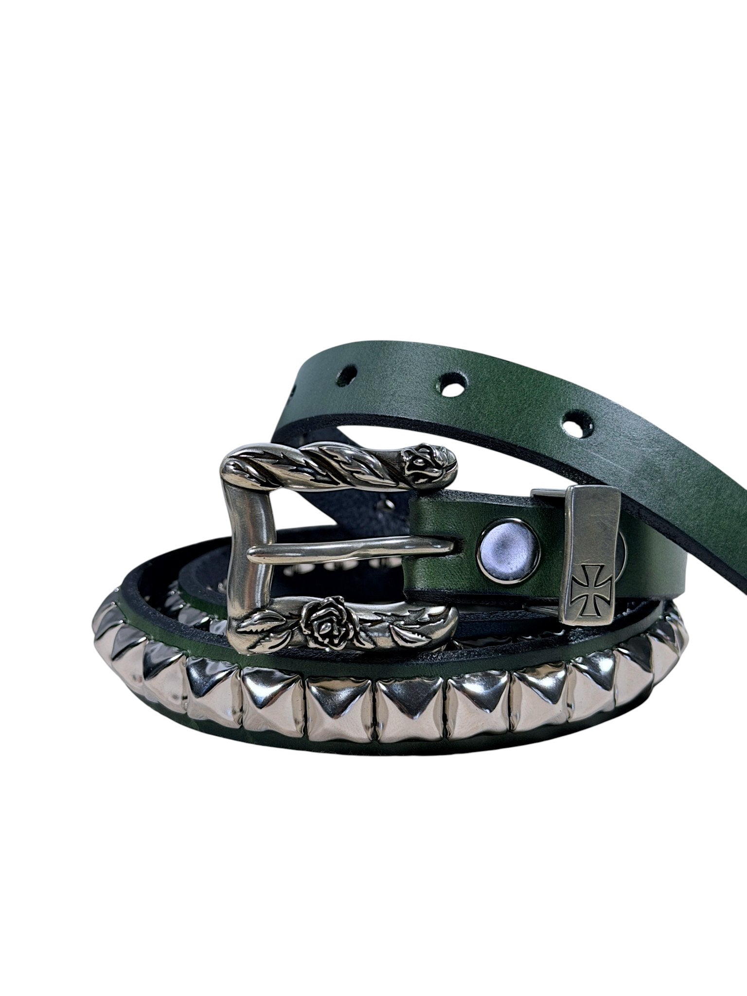 Burnished white bronze rose buckle ERD green leather belt