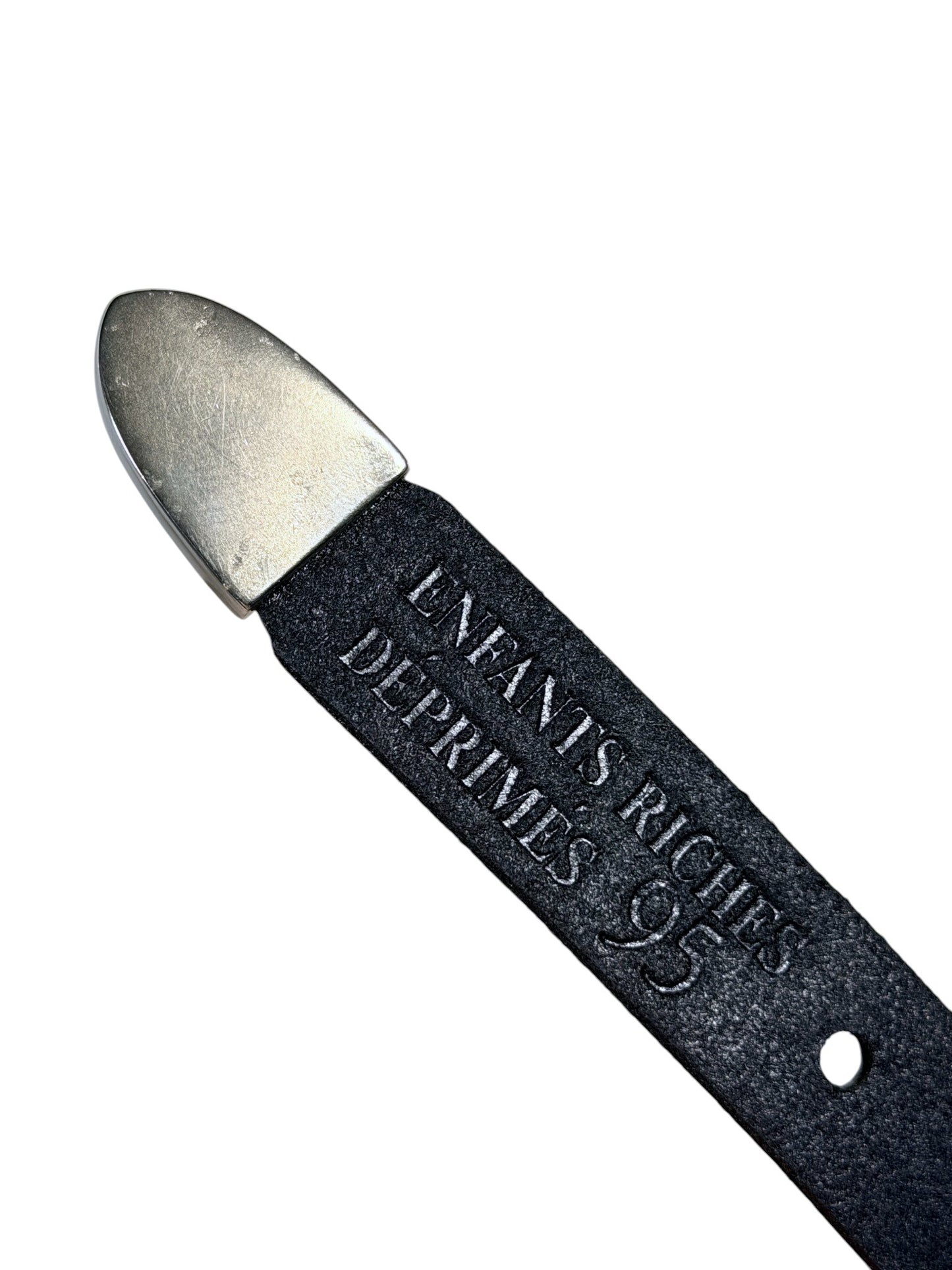 Green leather ERD belt engraved logo tip white bronze hardware