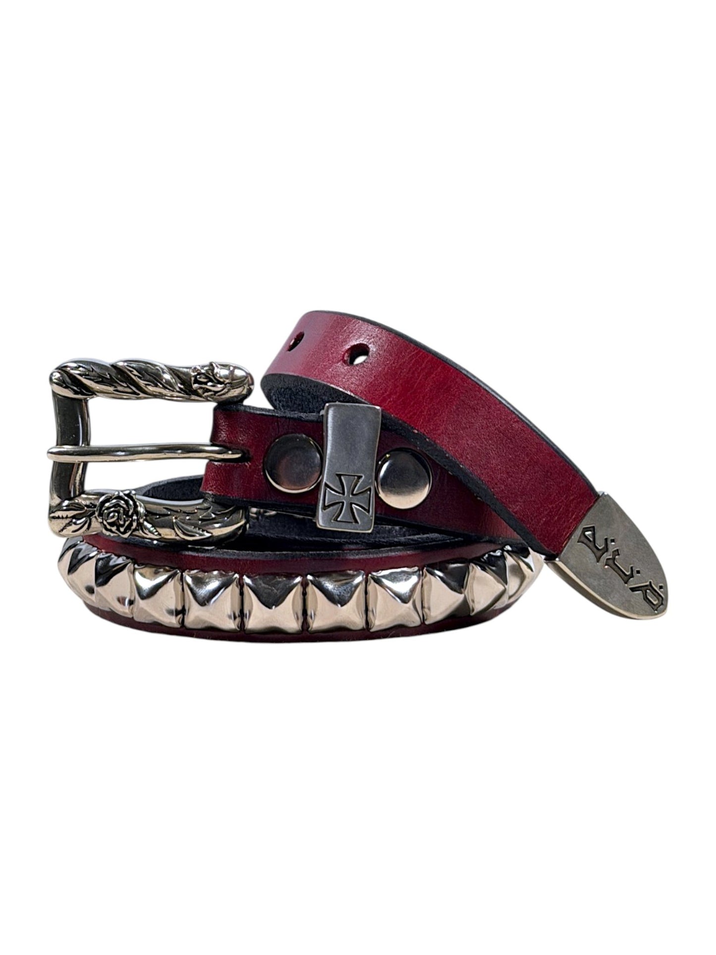 Enfants Riches Déprimés studded red leather belt rose engraved buckle