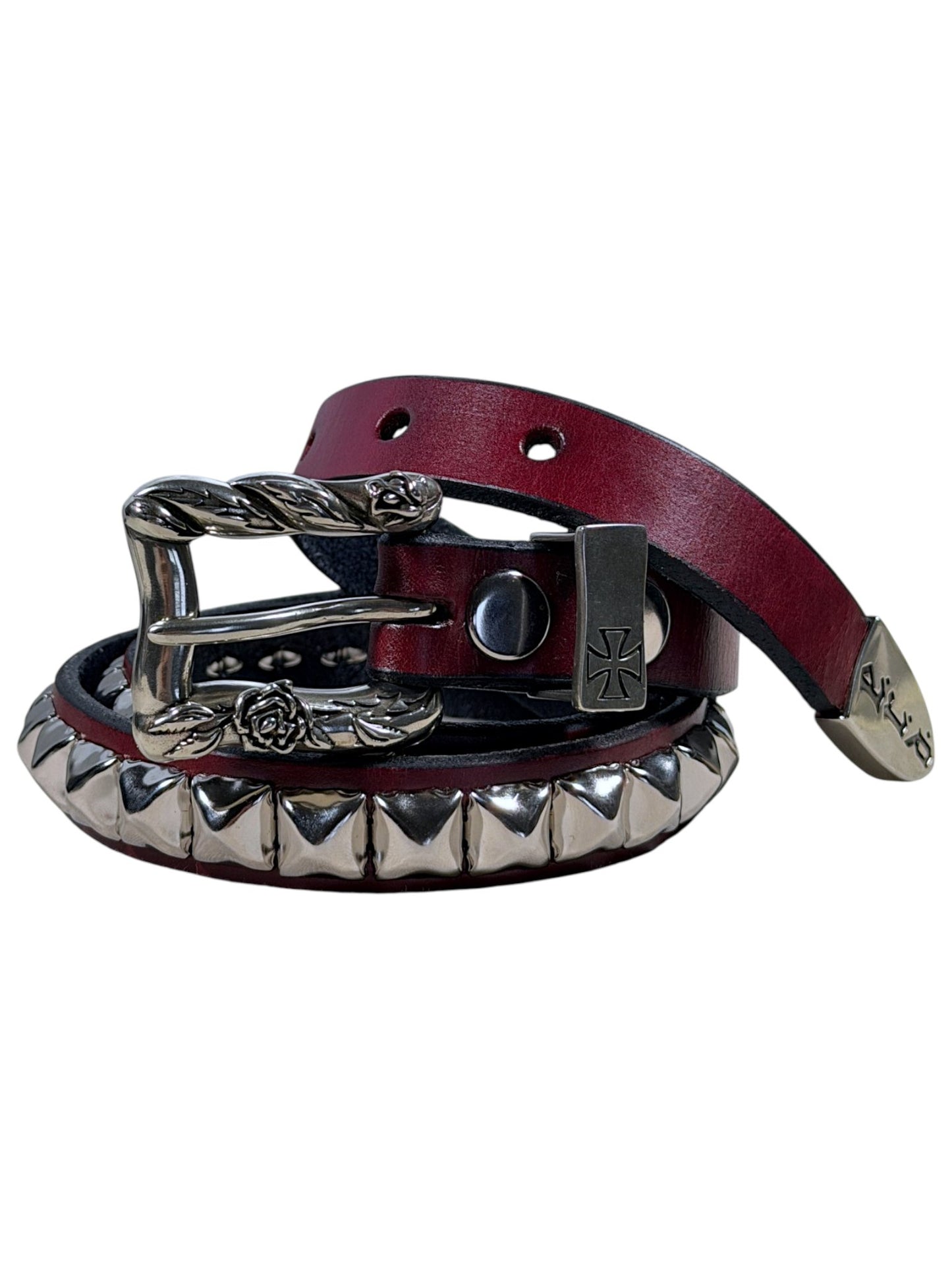 Red leather ERD belt with pyramid stud row and iron cross keeper