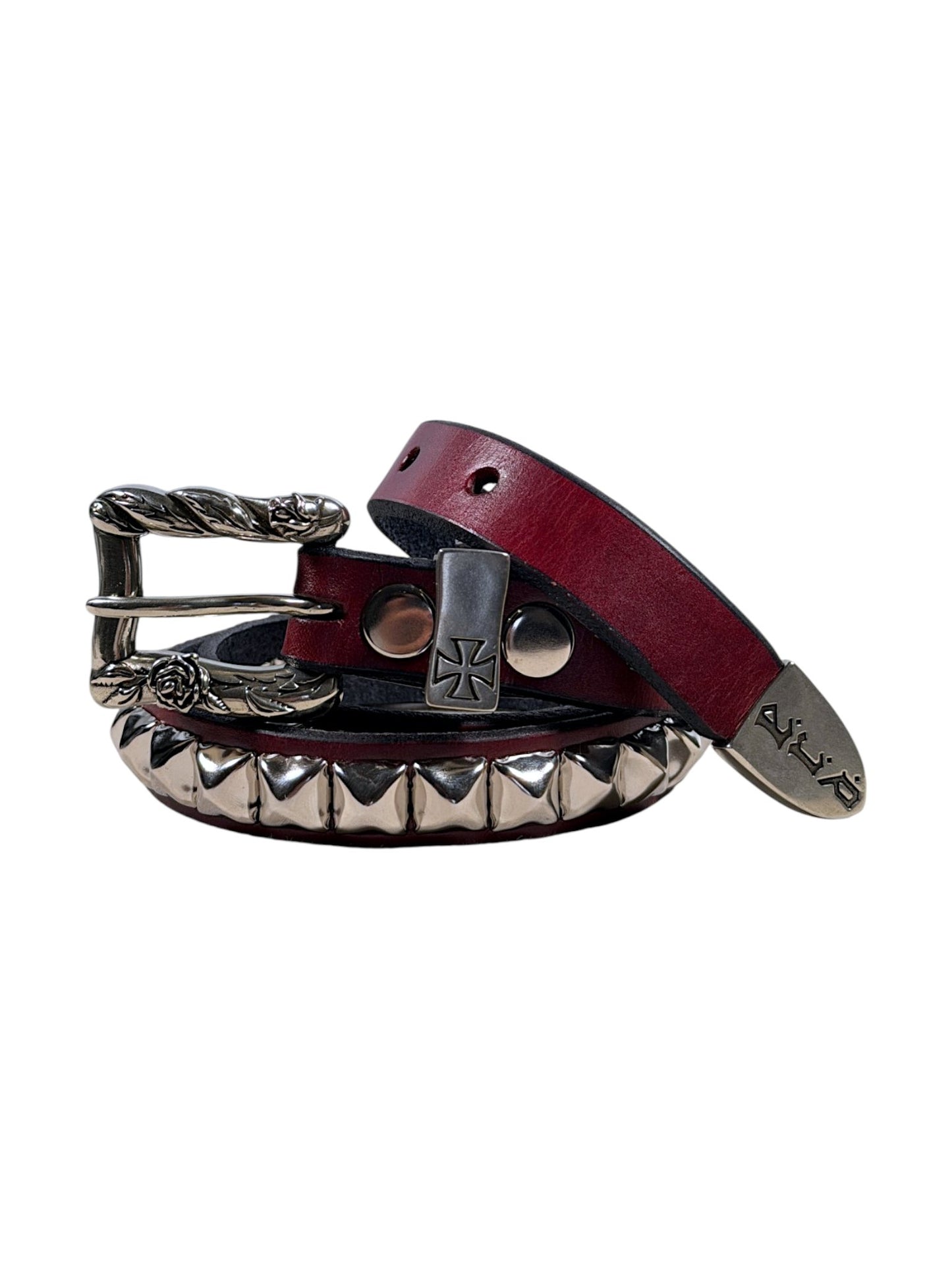 Pyramid stud red leather belt R.I.P. engraved metal tip ERD