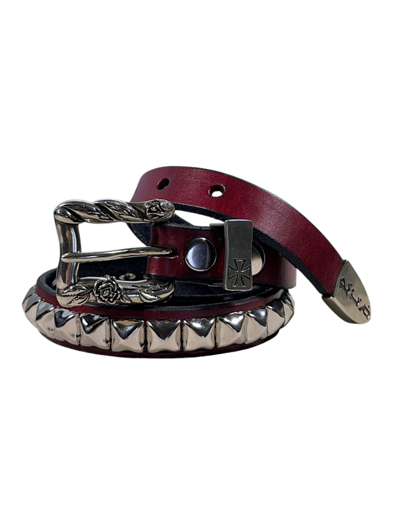 Silver-tone hardware rose buckle ERD red studded leather belt