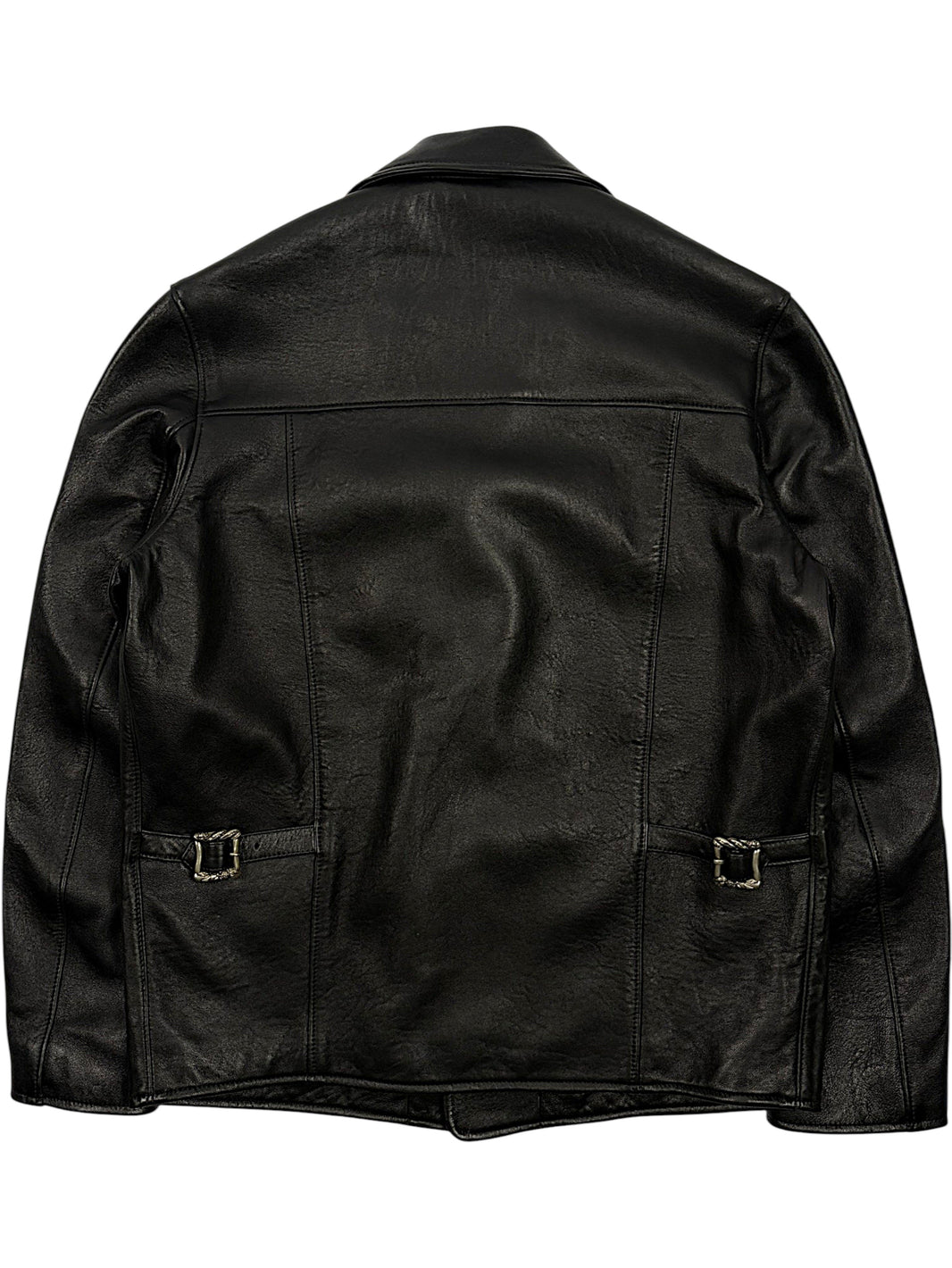 Rose engraved back buckles on ERD black leather blazer
