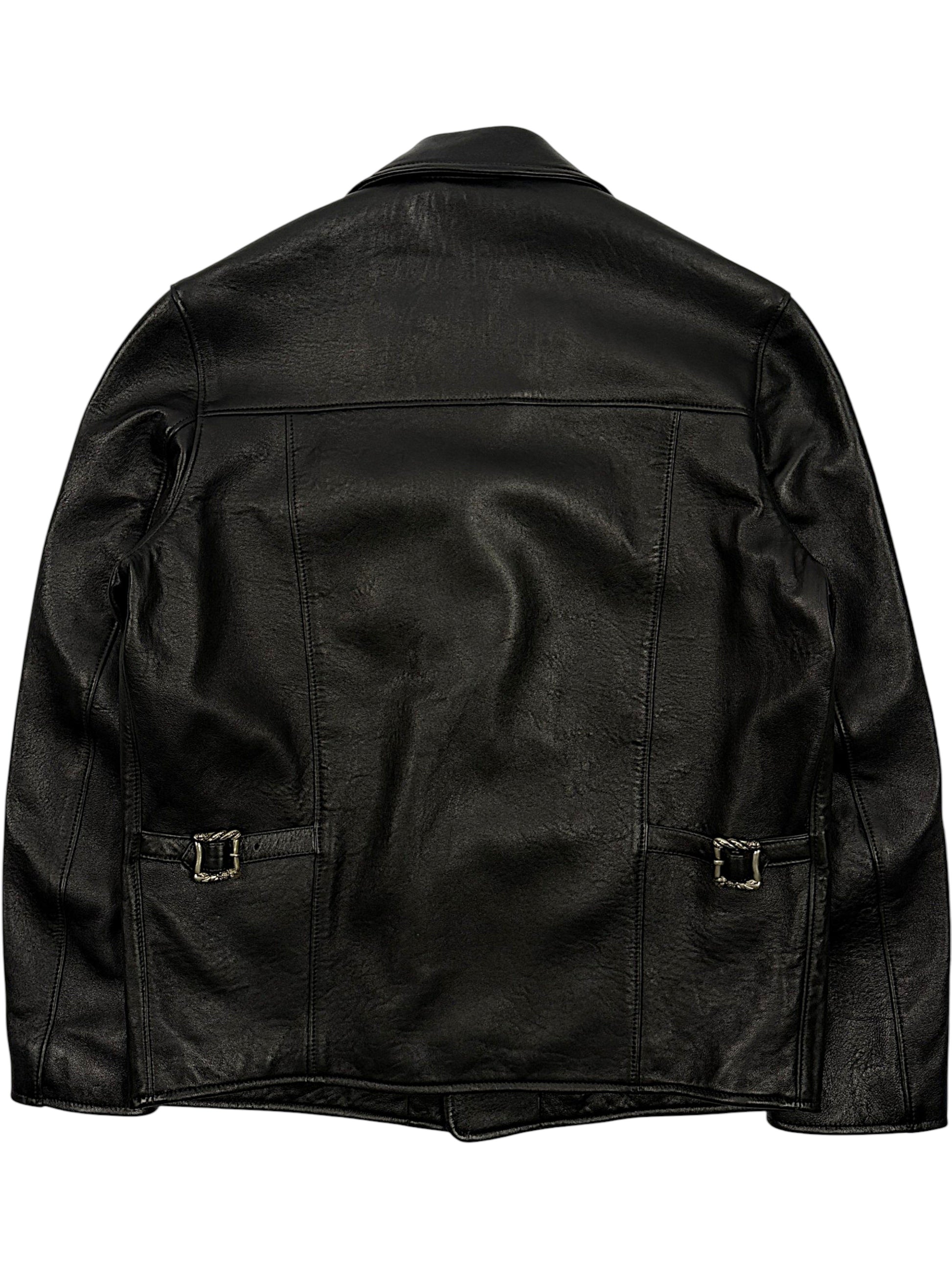 Rose engraved back buckles on ERD black leather blazer