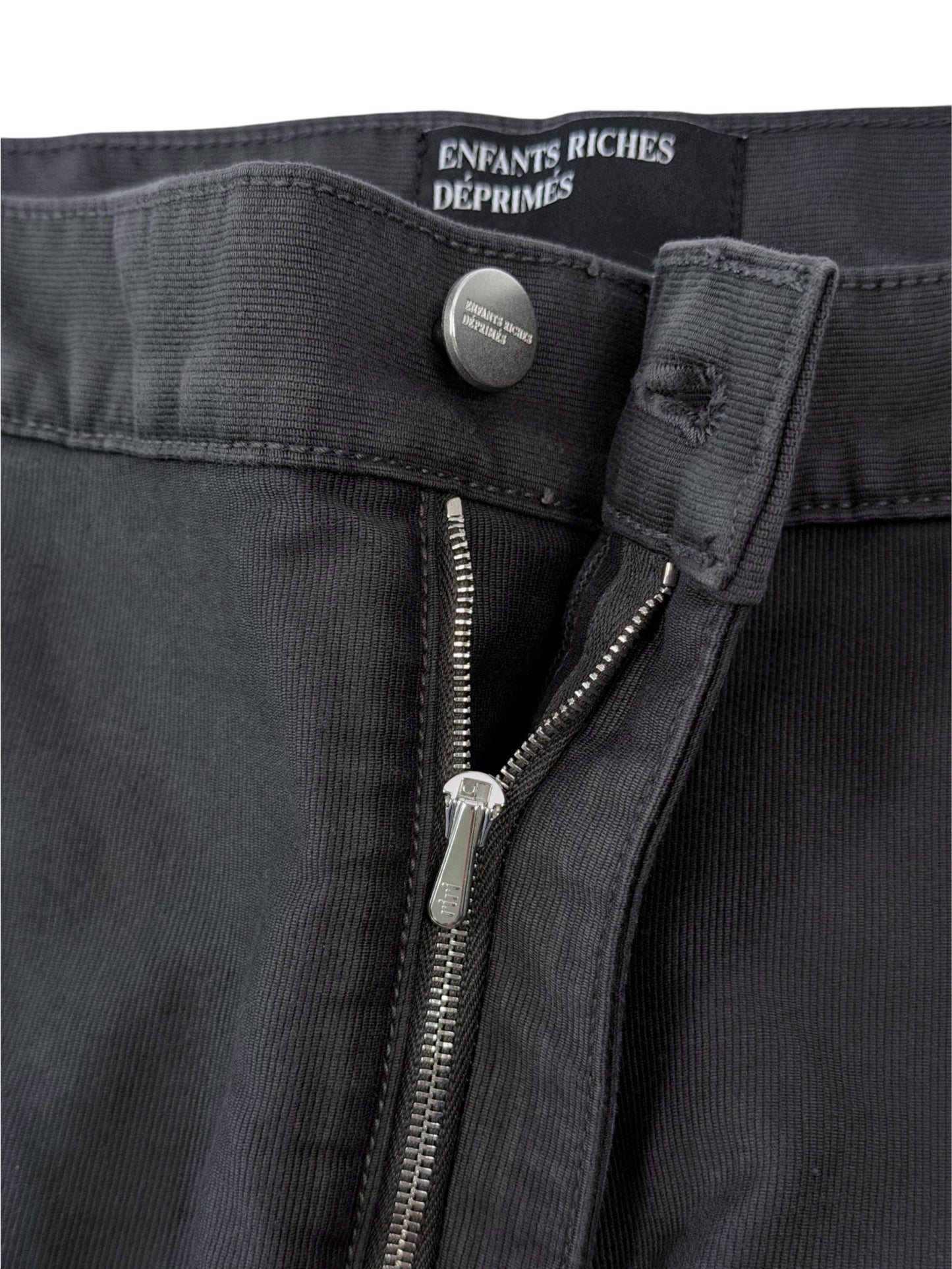 Silver zip and Enfants Riches Déprimés engraved button on grey Swiss Auto Dicky pants