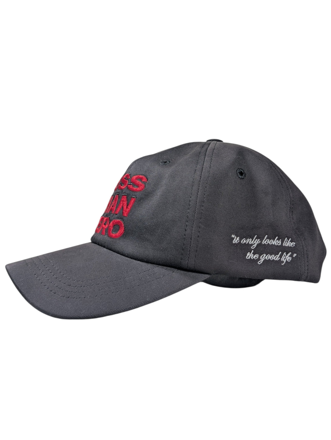 enfants riches deprimes erd less than zero hat detail close up red black cotton twill baseball cap