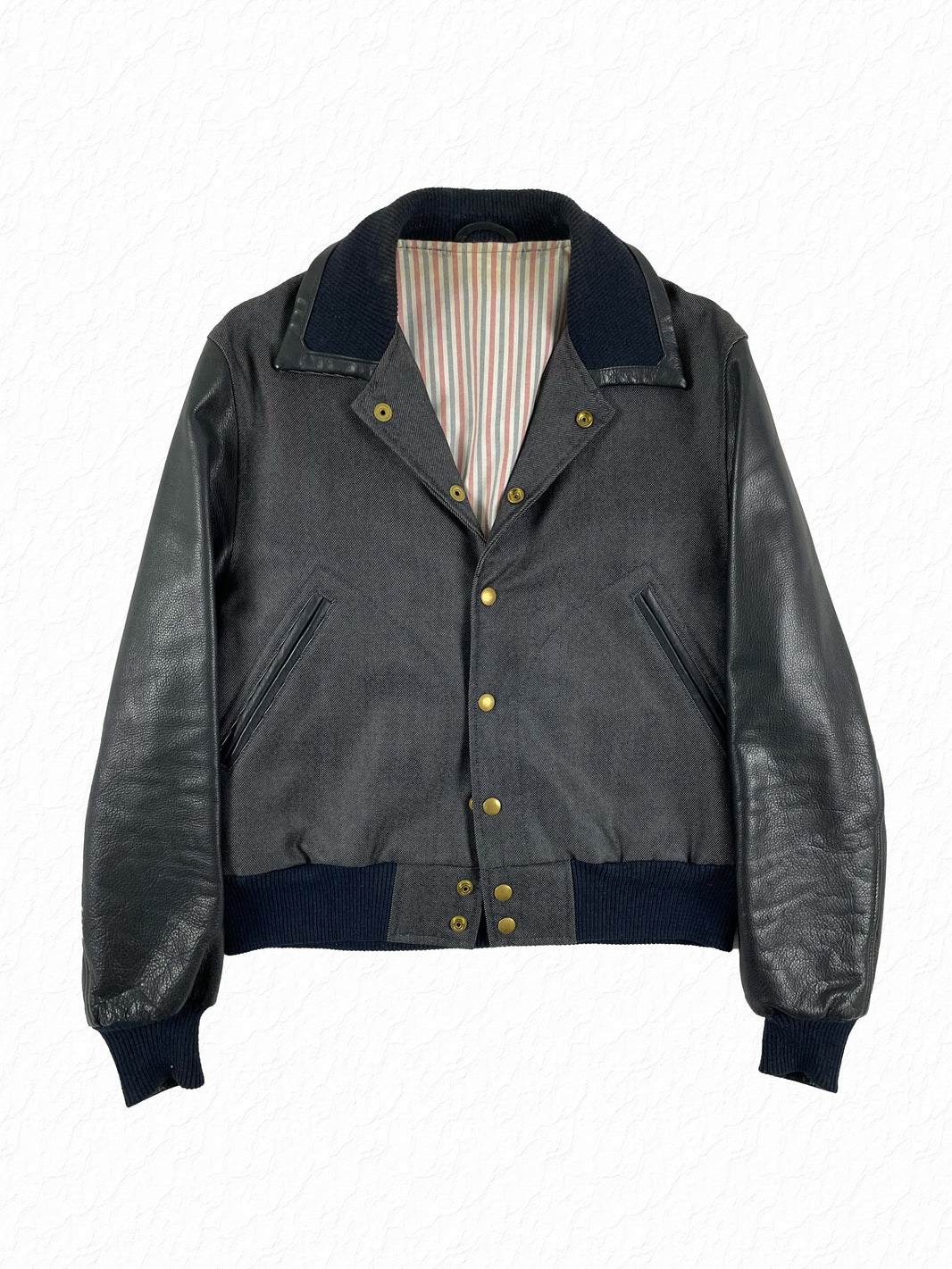 Thom Browne navy denim varsity jacket with black leather sleeves