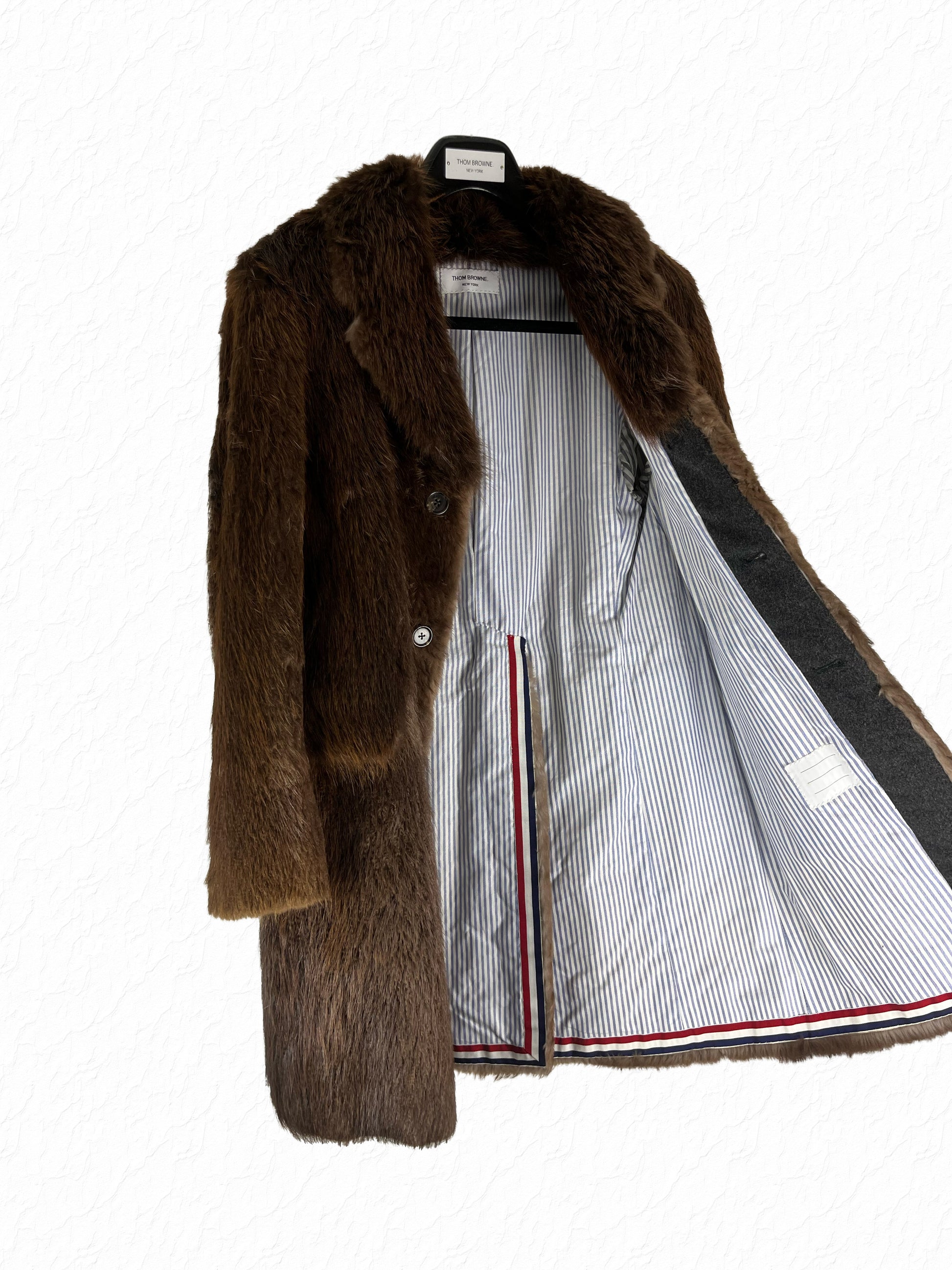 Brown beaver fur Chesterfield coat by Thom Browne with notch lapel