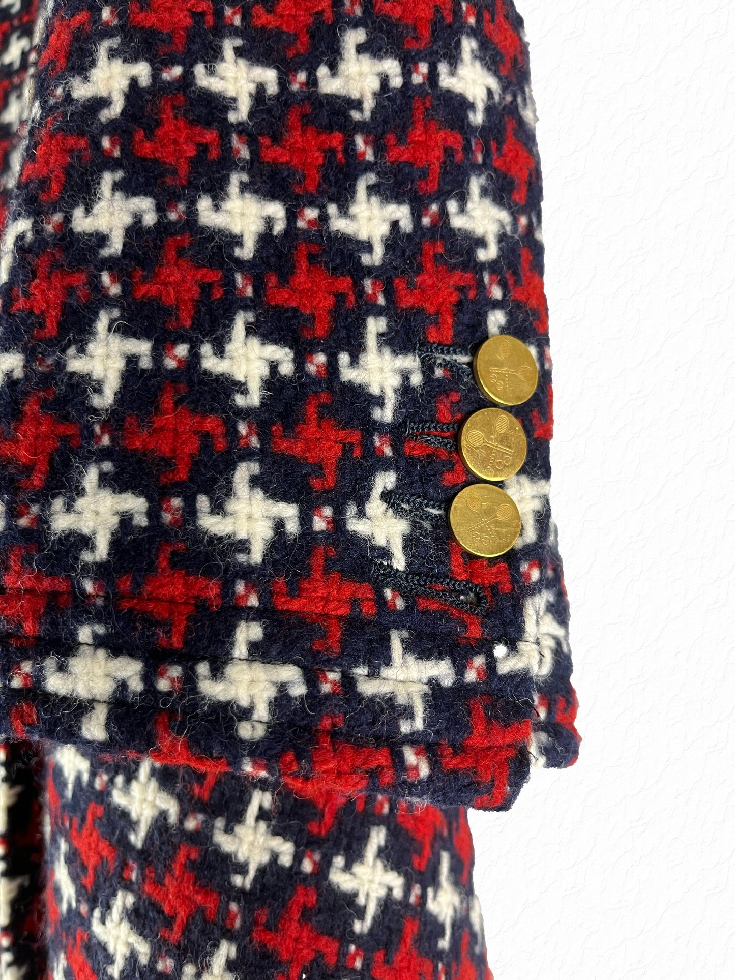 Navy red white houndstooth wool tweed Thom Browne A-line military coat