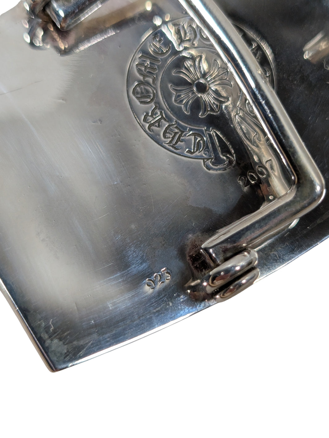 chrome hearts fleur knee belt buckle engraving back detail sterling silver rare collectible piece
