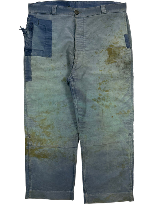 1950s French Workwear Trousers Faded Blue Cotton Patched
