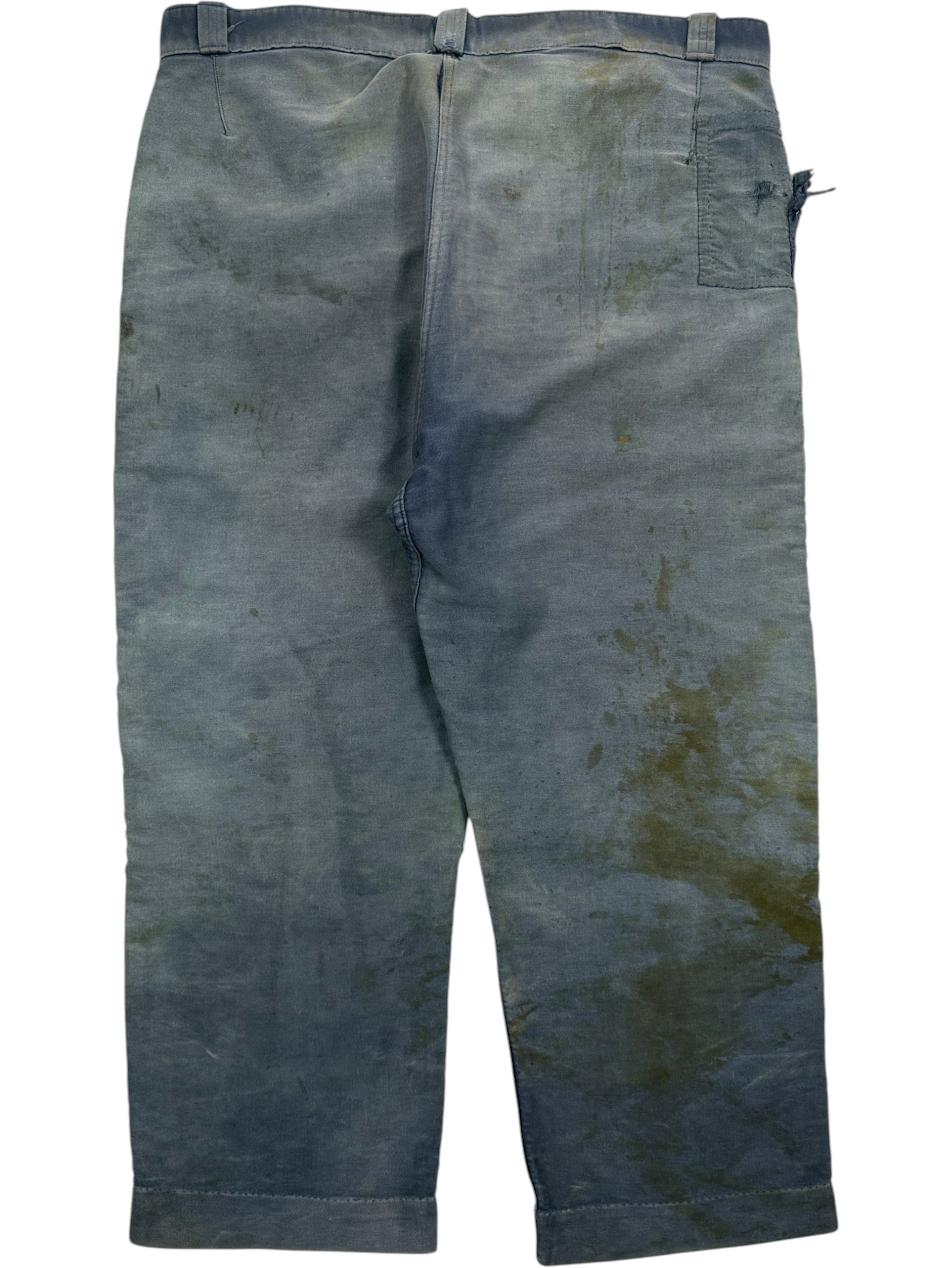 Faded Blue French Workwear Trousers Stained Work-Worn Cotton