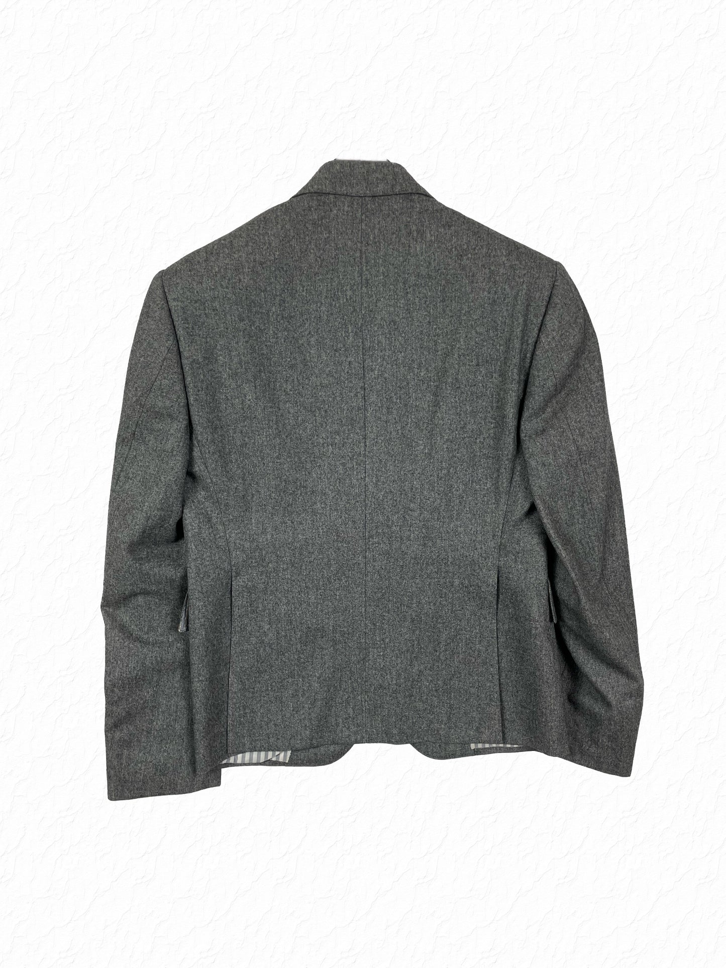 Grey flannel wool Thom Browne blazer with grey and white striped lining