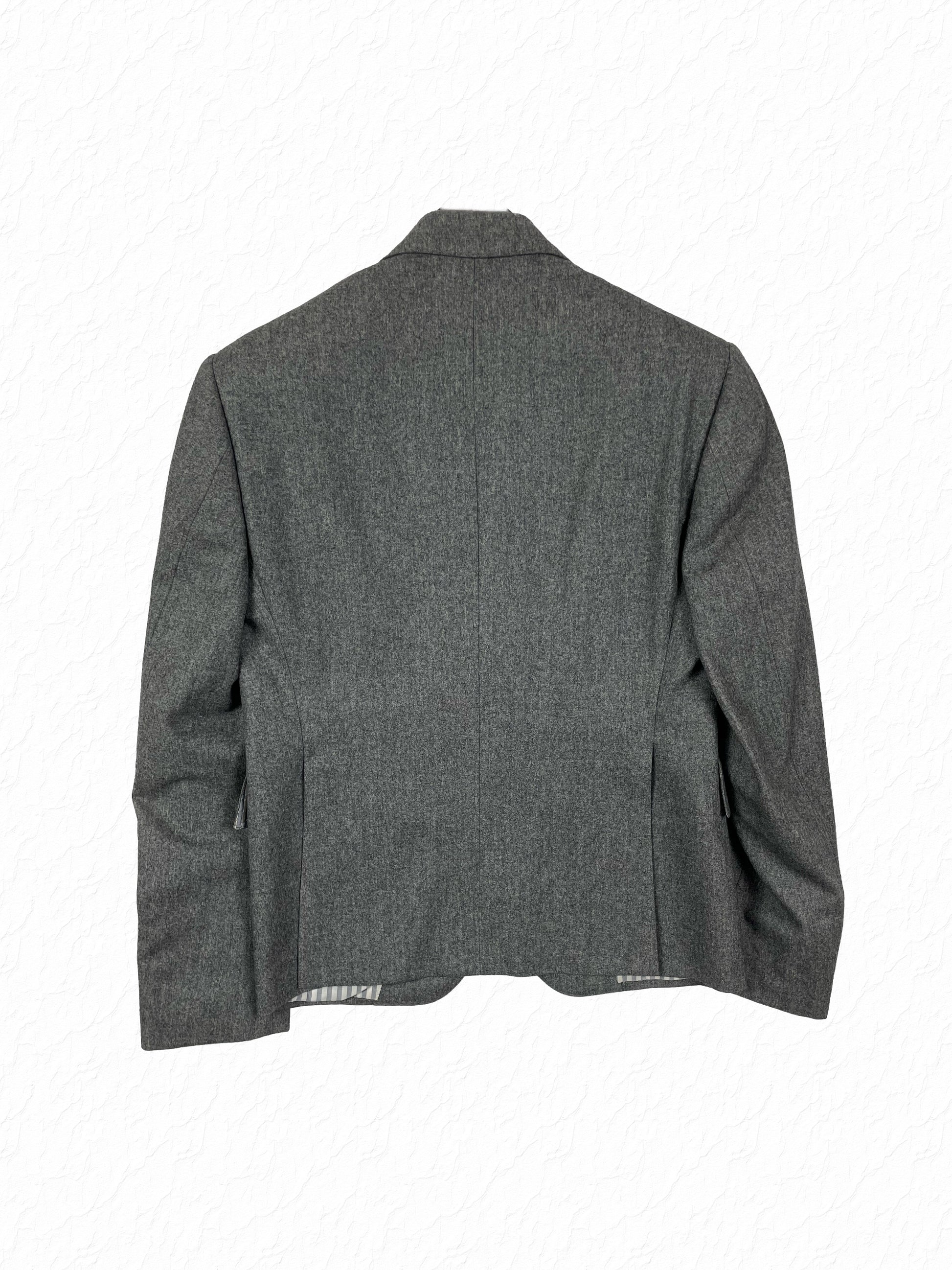 Grey flannel wool Thom Browne blazer with grey and white striped lining