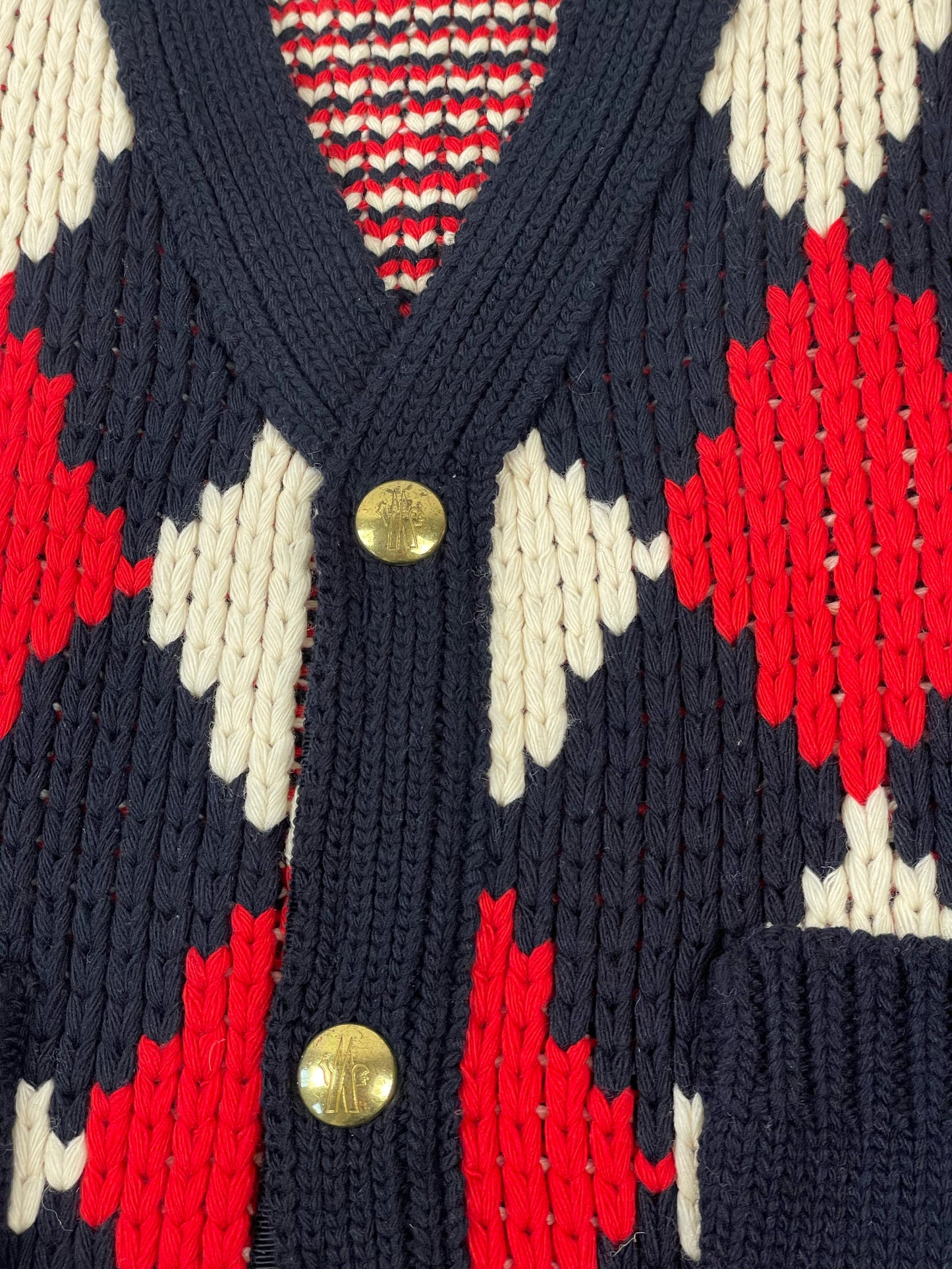 Moncler Gamme Bleu navy argyle cardigan with knit patch pockets