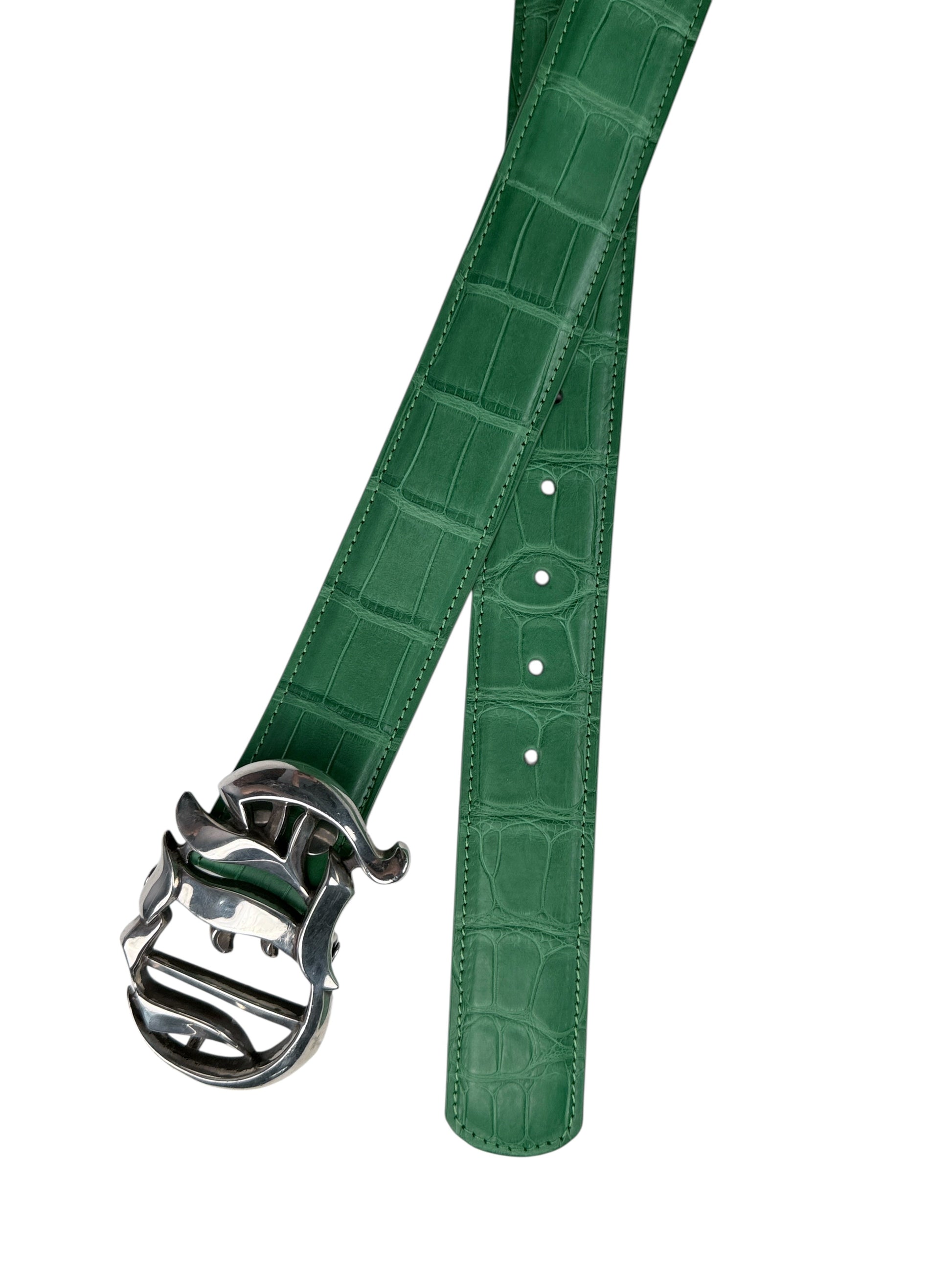 AMAL matte green crocodile belt strap V2 exotic leather with chrome hearts silver buckle