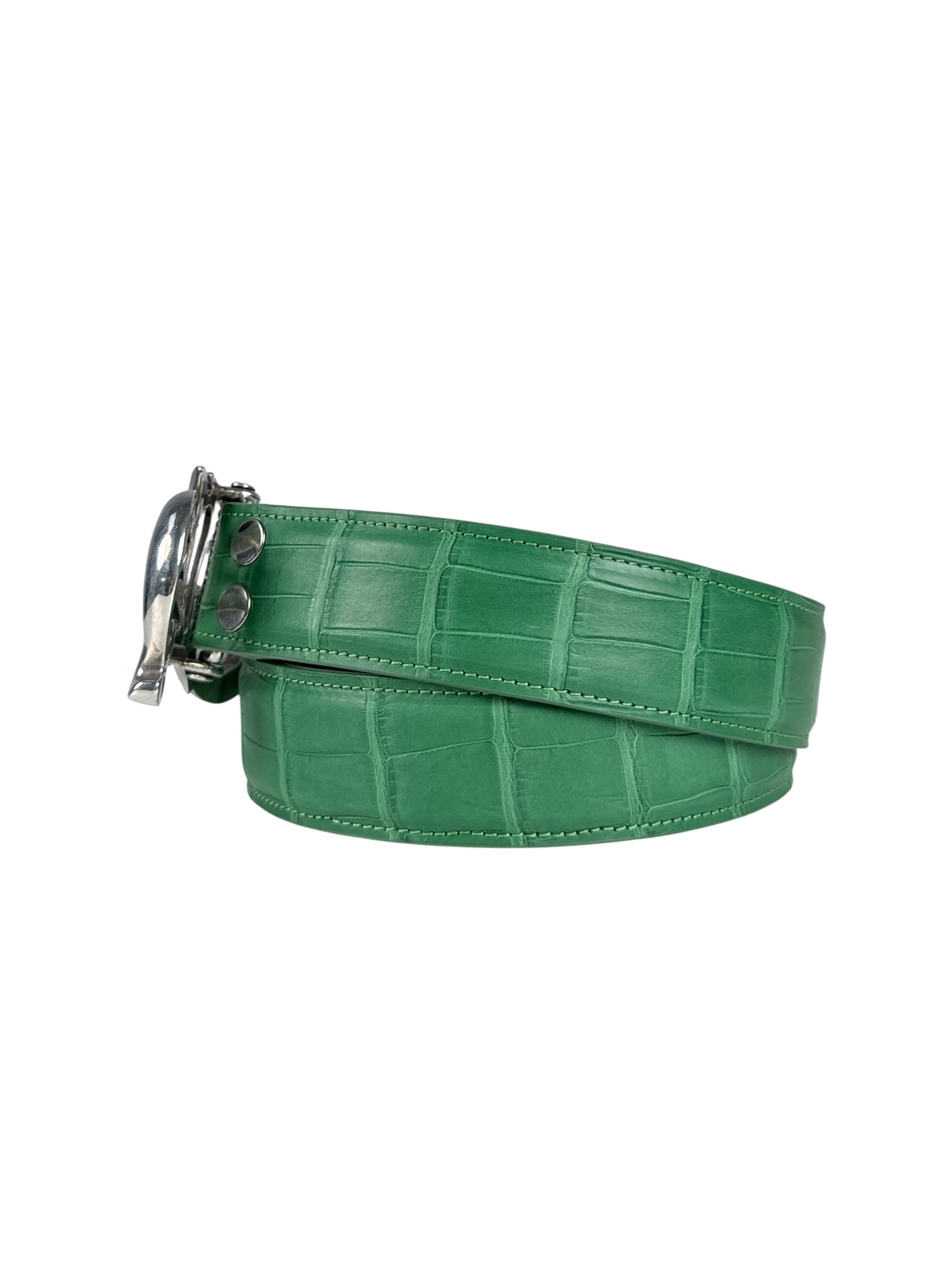 Matte crocodile scale pattern on AMAL green belt strap