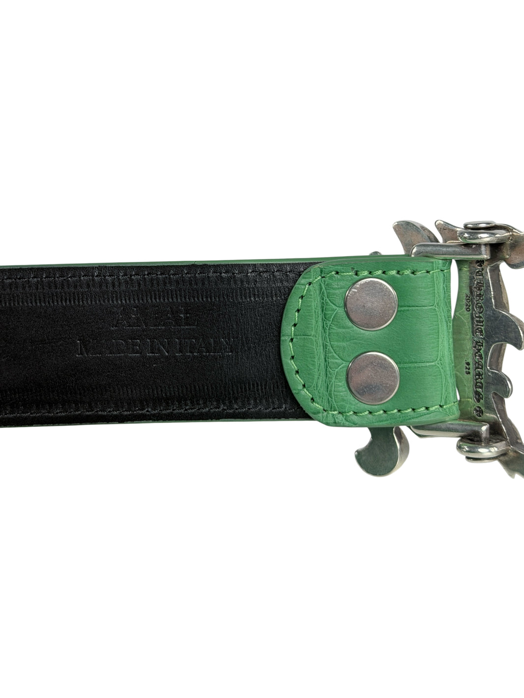 Green crocodile belt strap with AMAL two snap button buckle system