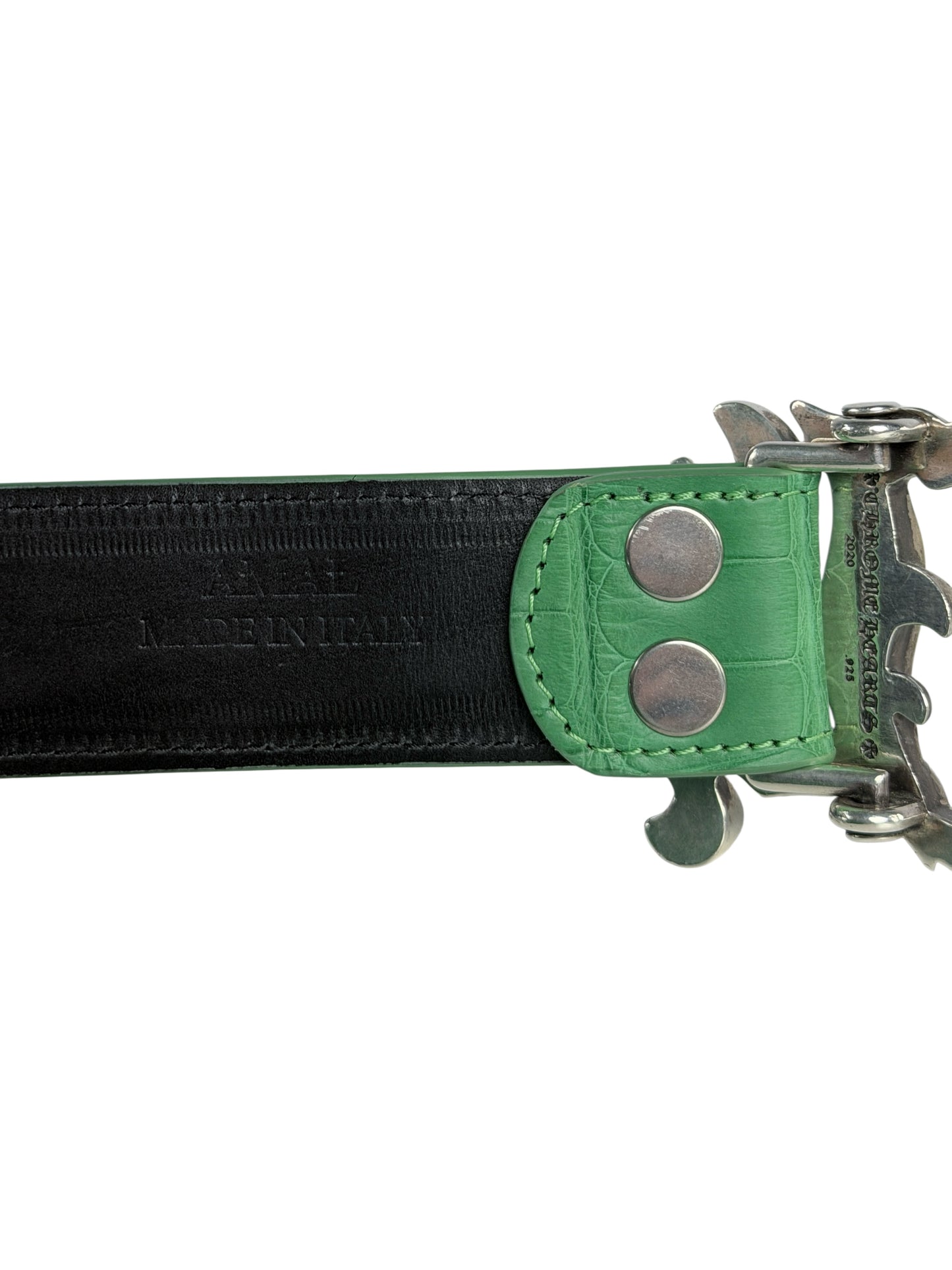 Green crocodile belt strap with AMAL two snap button buckle system