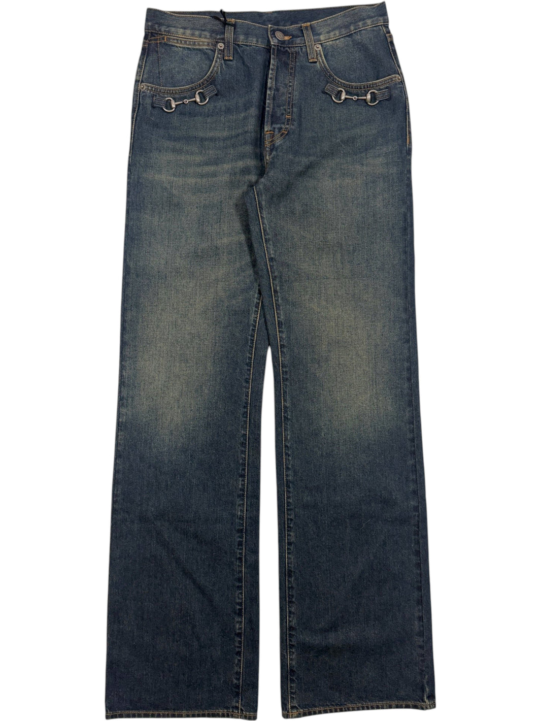 Vintage wash Gucci denim jeans with silver horsebit pocket hardware