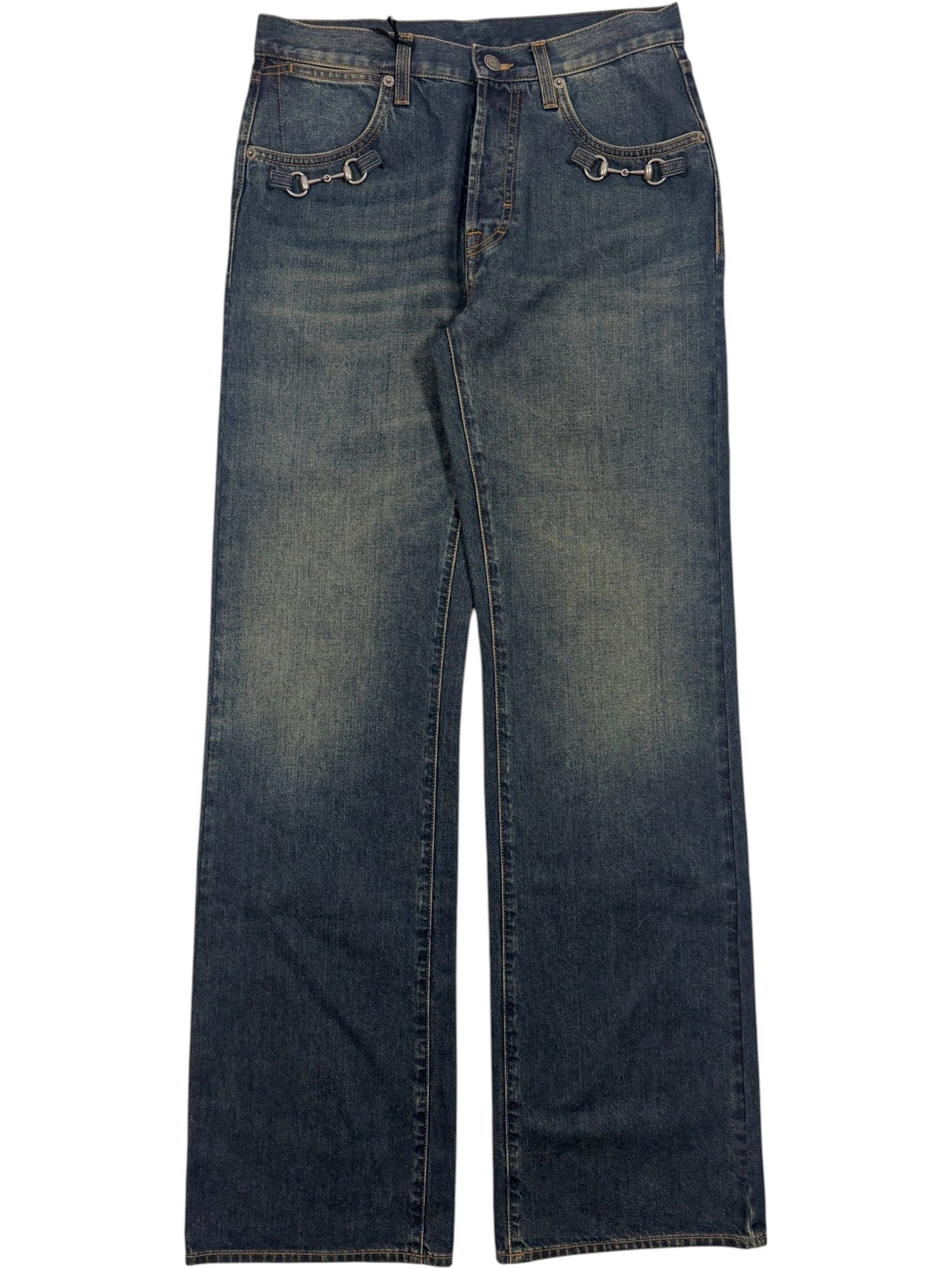 Vintage wash Gucci denim jeans with silver horsebit pocket hardware