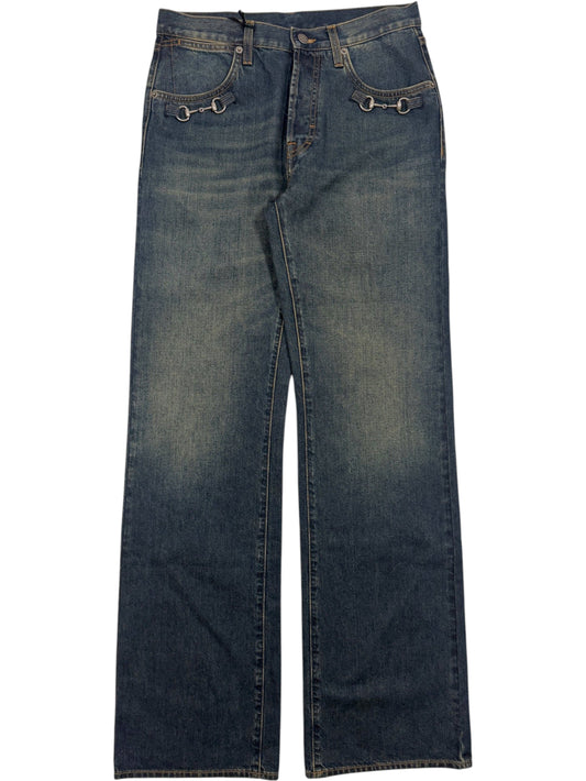 Vintage wash Gucci denim jeans with silver horsebit pocket hardware