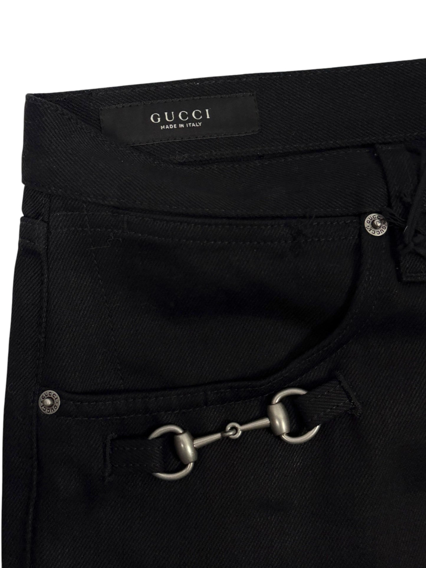 Silver Horsebit Buckle on Gucci Black Denim Jeans