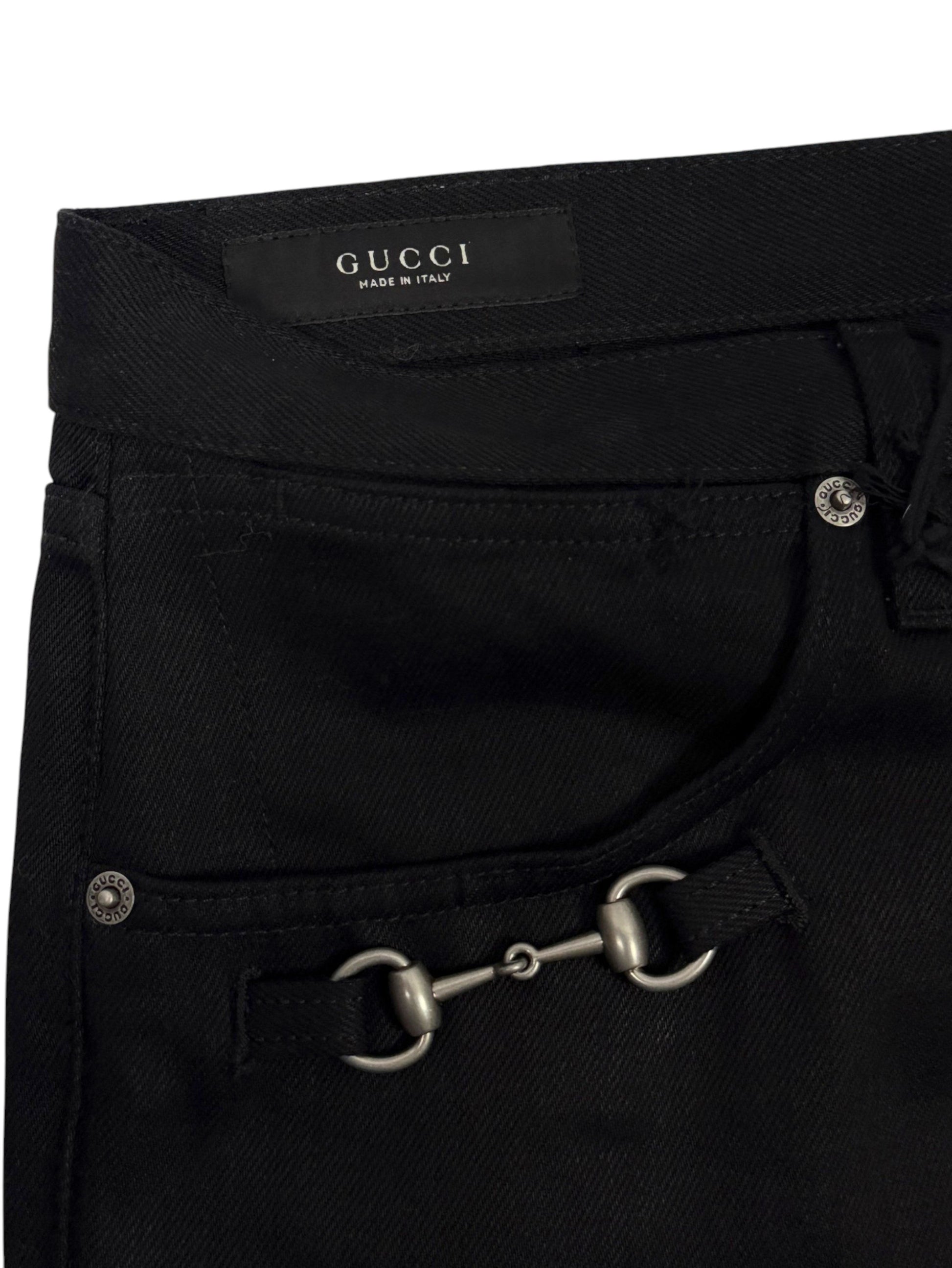 Silver Horsebit Buckle on Gucci Black Denim Jeans