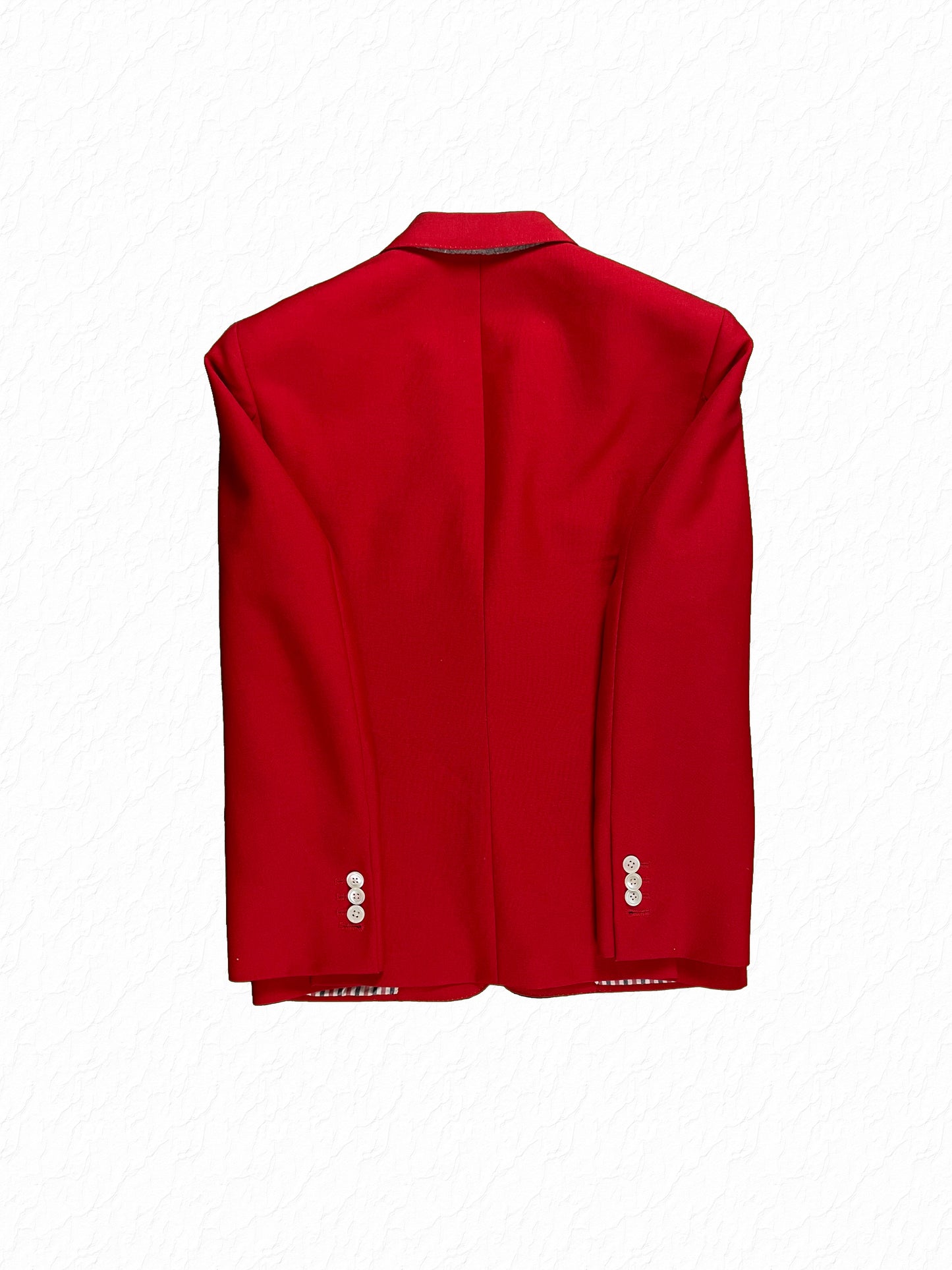 Signature red white and blue grosgrain interior on Thom Browne mohair blazer