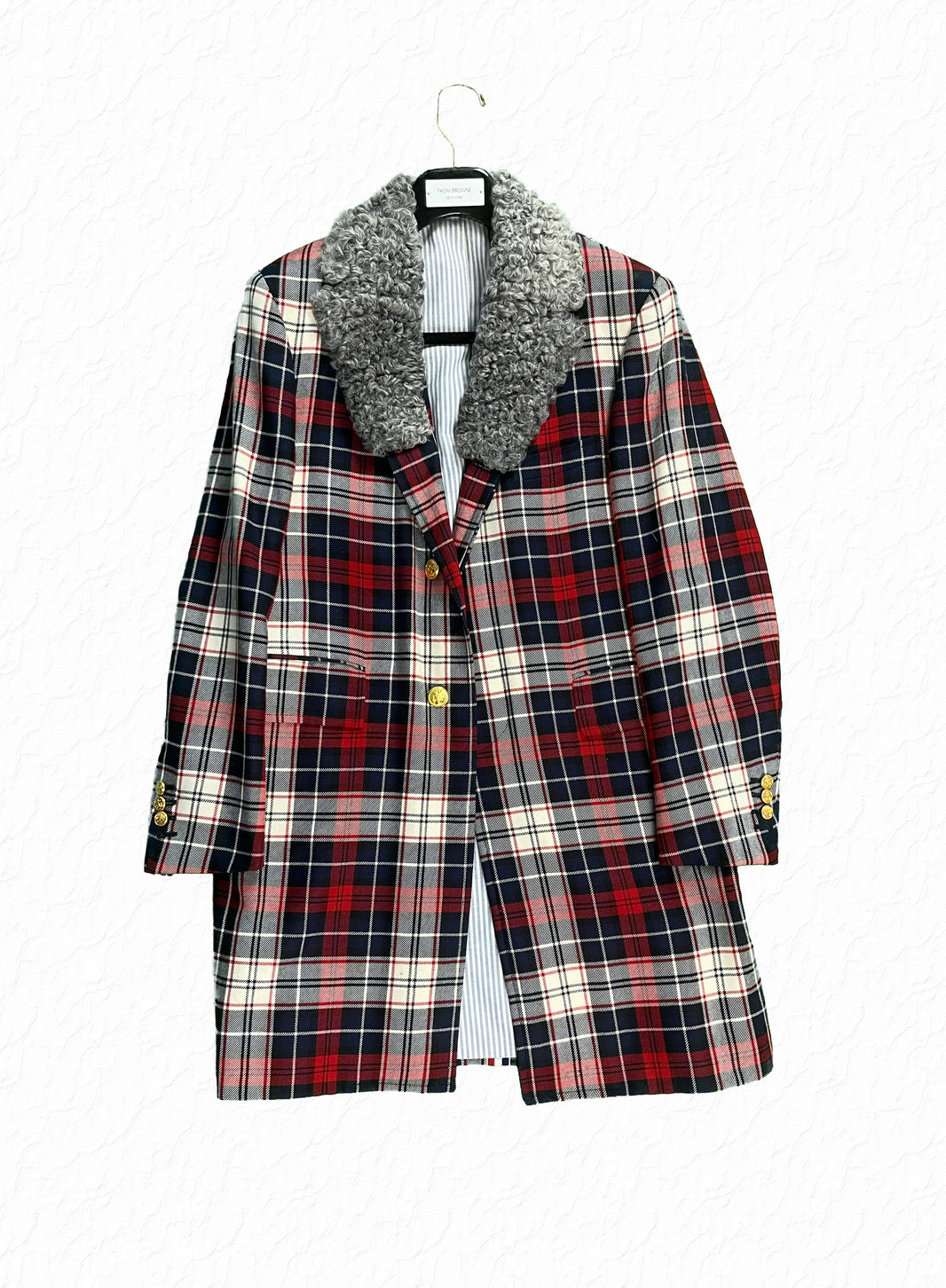 Thom Browne RWB tartan wool Chesterfield overcoat with astrakhan fur collar