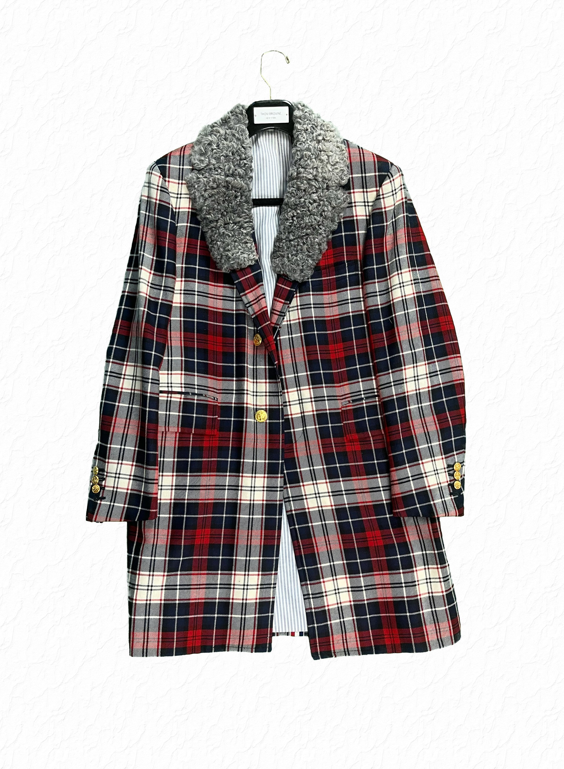 Thom Browne RWB tartan wool Chesterfield overcoat with astrakhan fur collar