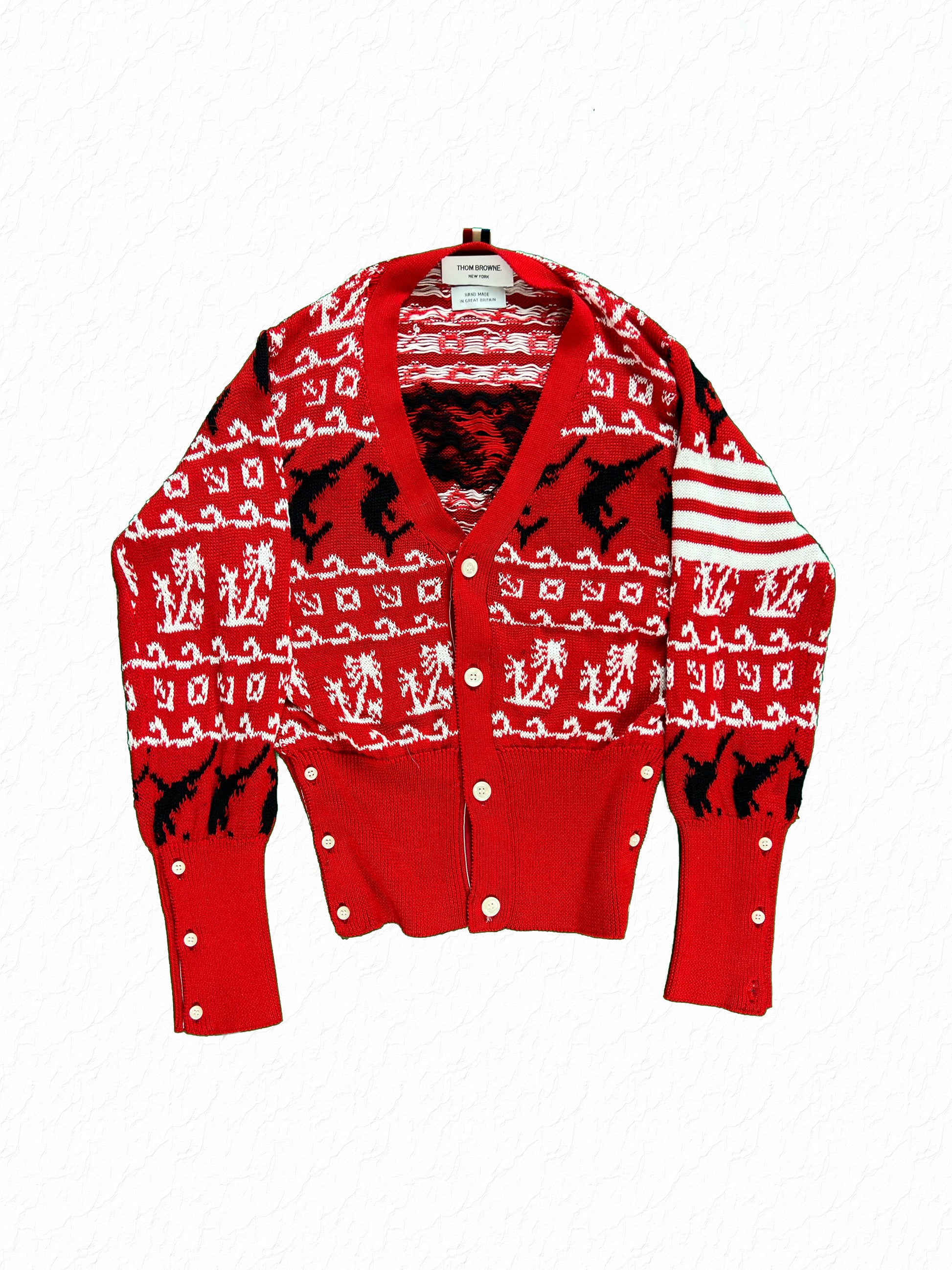 Thom Browne Fair Isle cardigan in red cotton with marlin and swordfish motifs