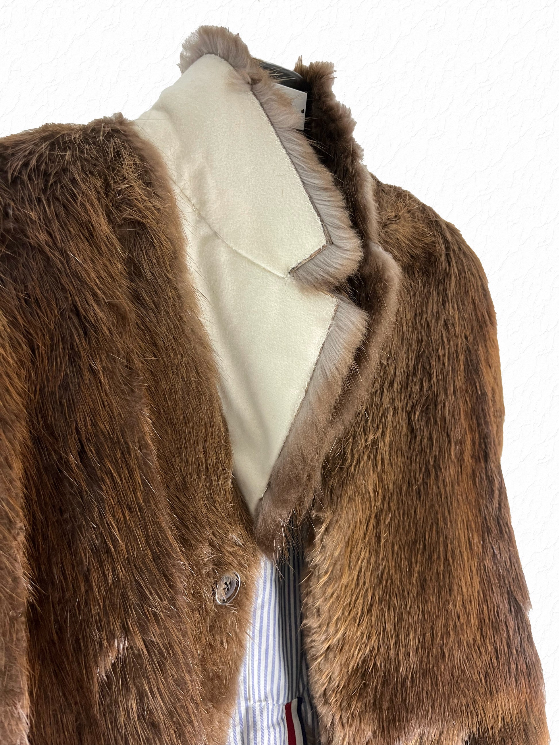 Thom Browne brown beaver fur coat with notch lapel and RWB tricolor trim