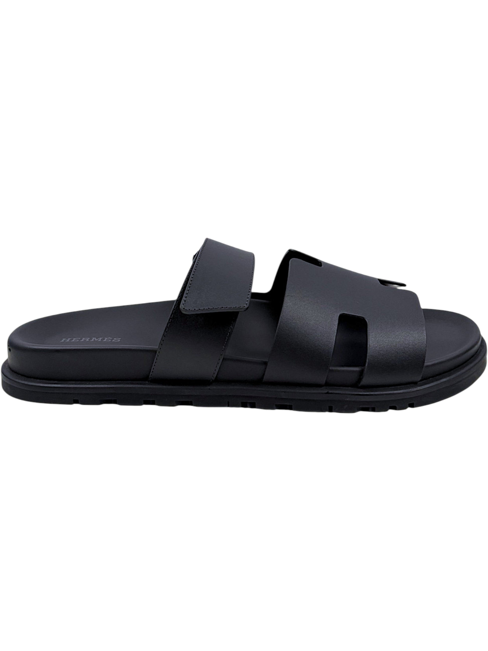 Black Calfskin Hermès Chypre Sandal Adjustable Velcro Strap