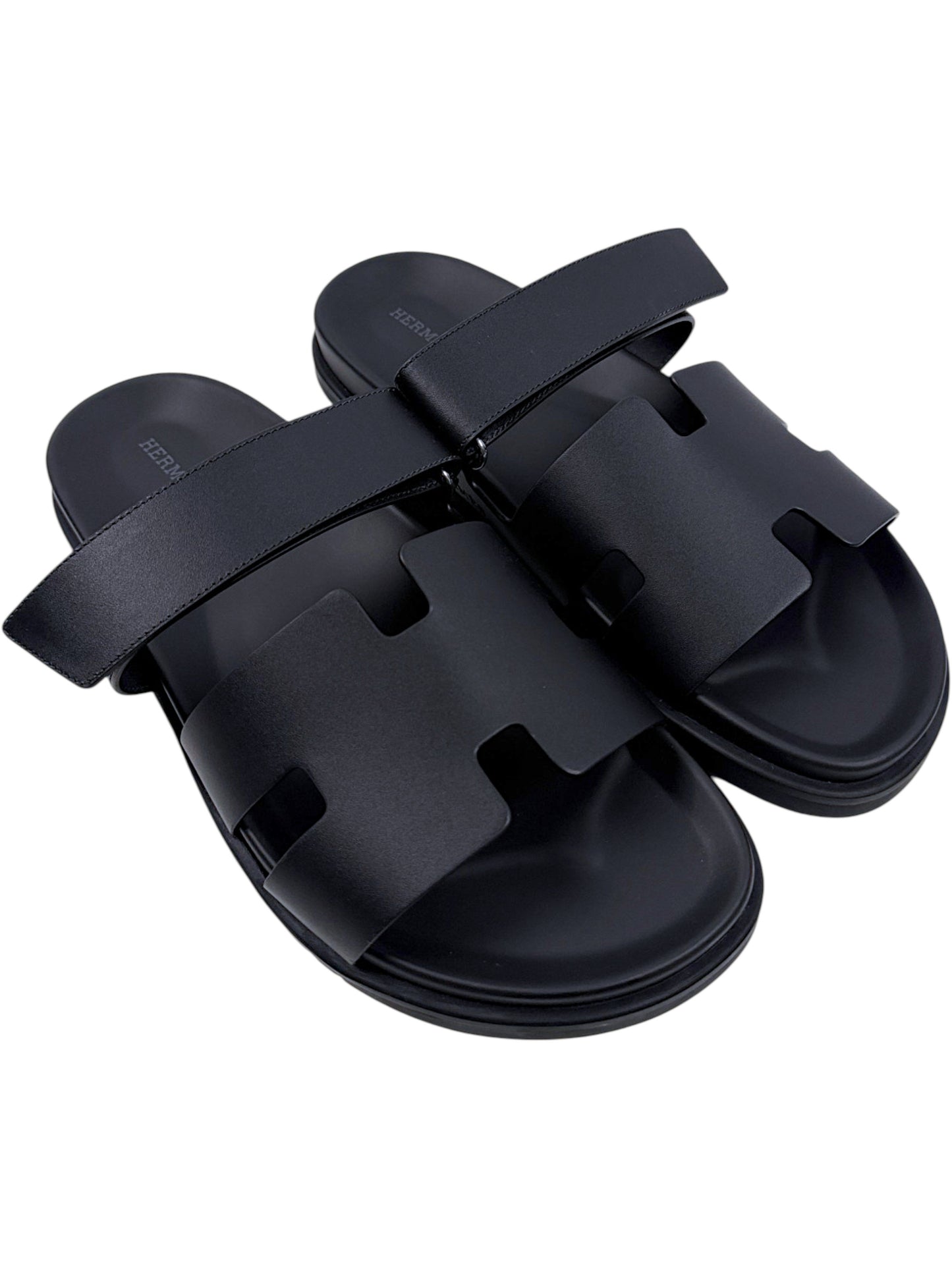 Hermès Chypre Black Calfskin Slides Adjustable Velcro Strap