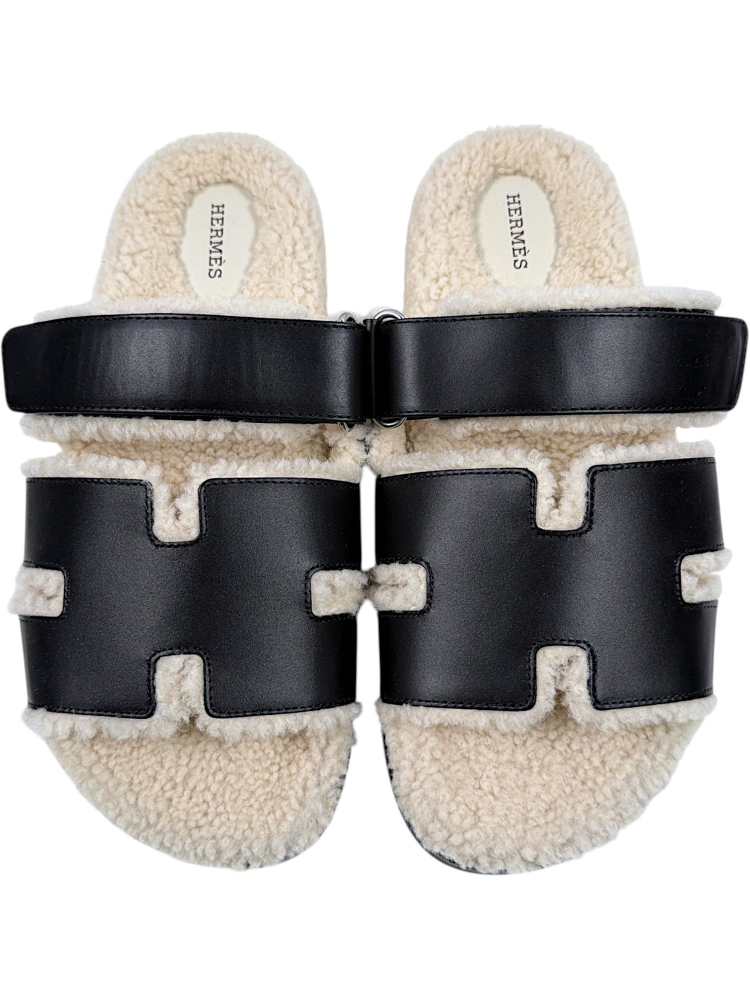 Hermès Chypre Shearling Sandals Black Leather H Cutout Straps