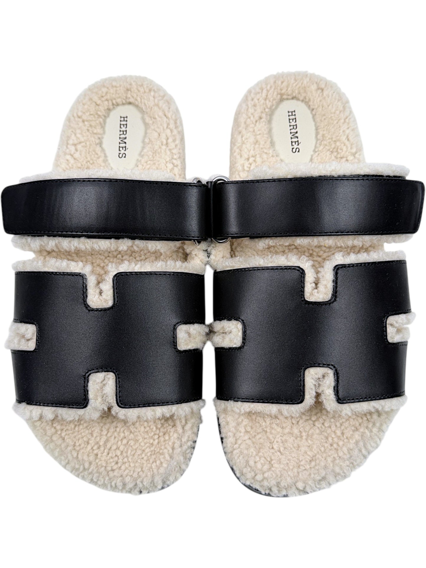 Hermès Chypre Shearling Sandals Black Leather H Cutout Straps
