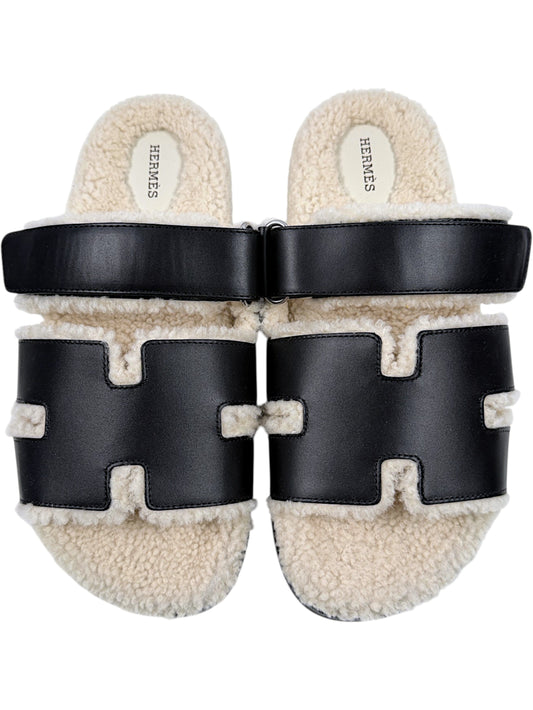 Hermès Chypre Shearling Sandals Black Leather H Cutout Straps