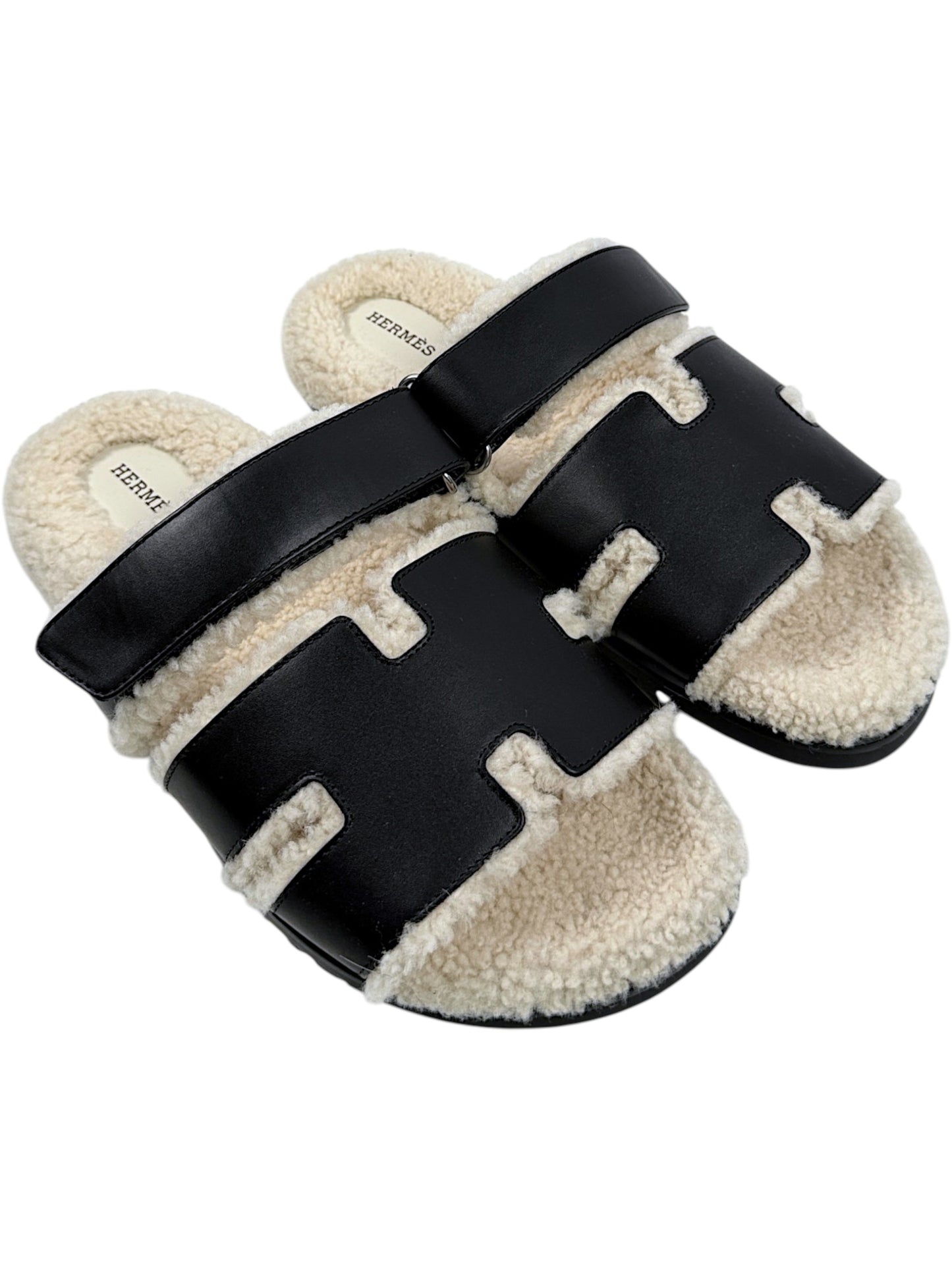Black Calfskin Hermès Chypre Sandals Natural Cream Shearling Lining