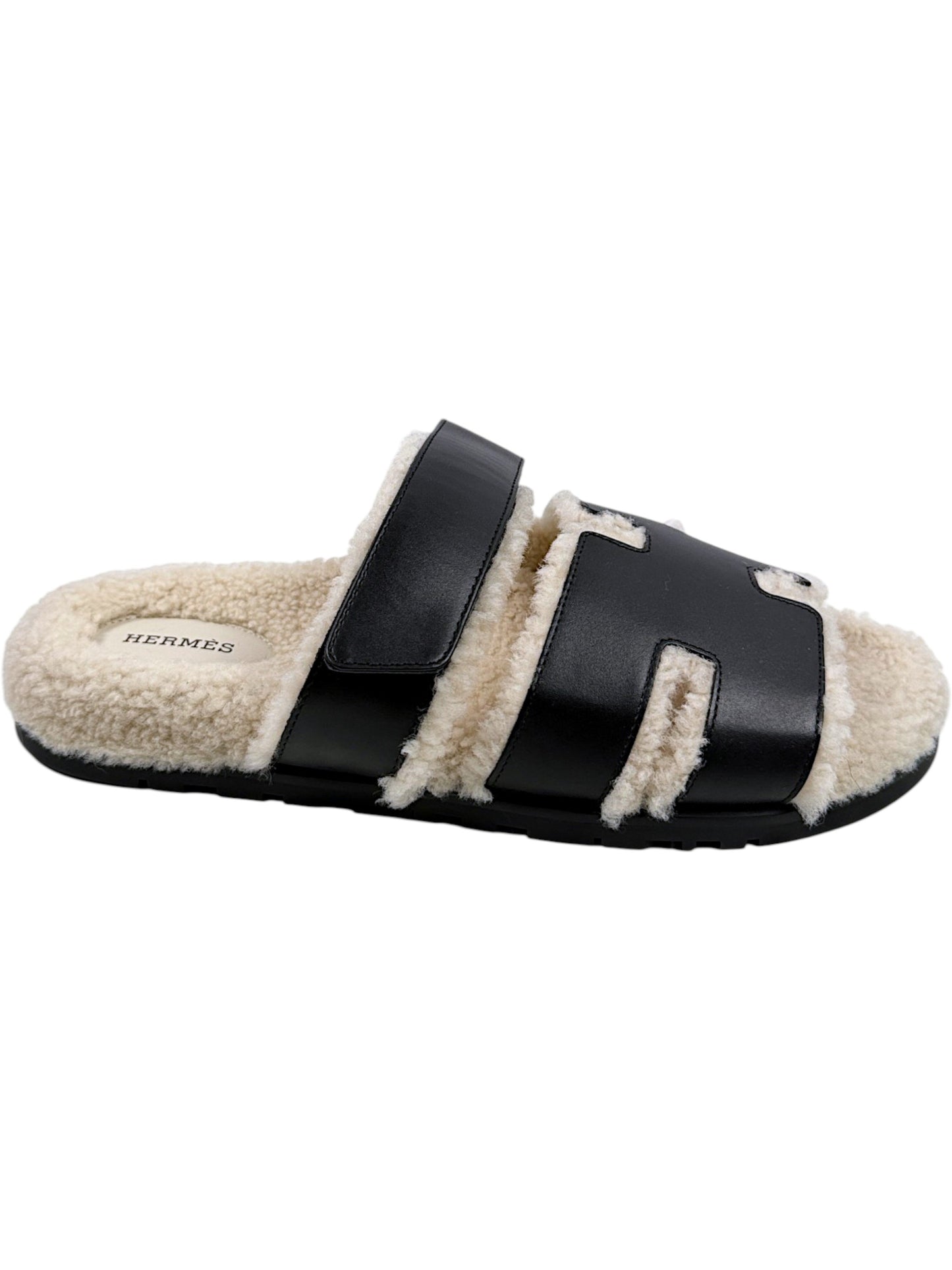 Hermès Chypre Shearling Slides Adjustable Strap Palladium Buckle