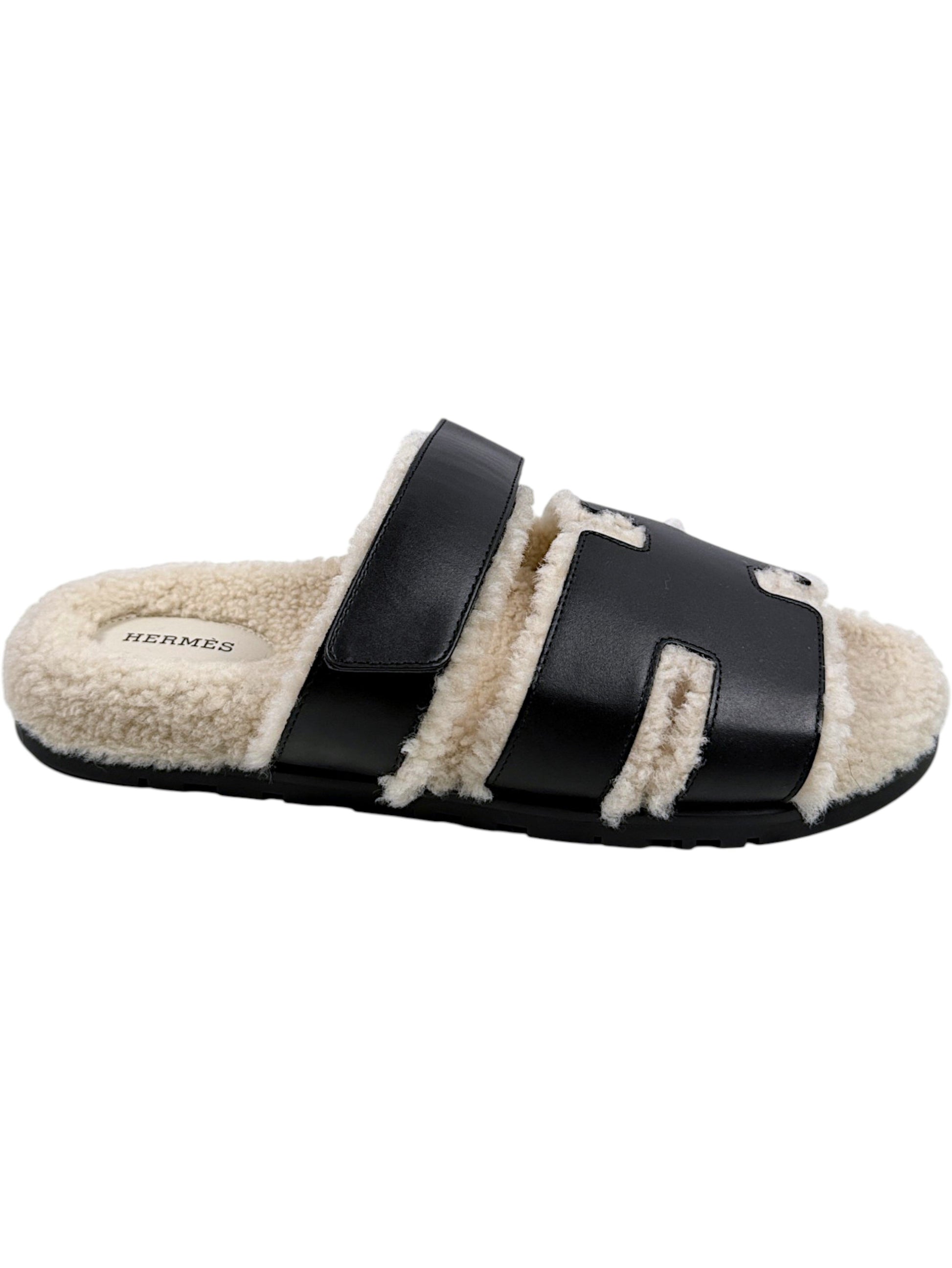 Hermès Chypre Shearling Slides Adjustable Strap Palladium Buckle