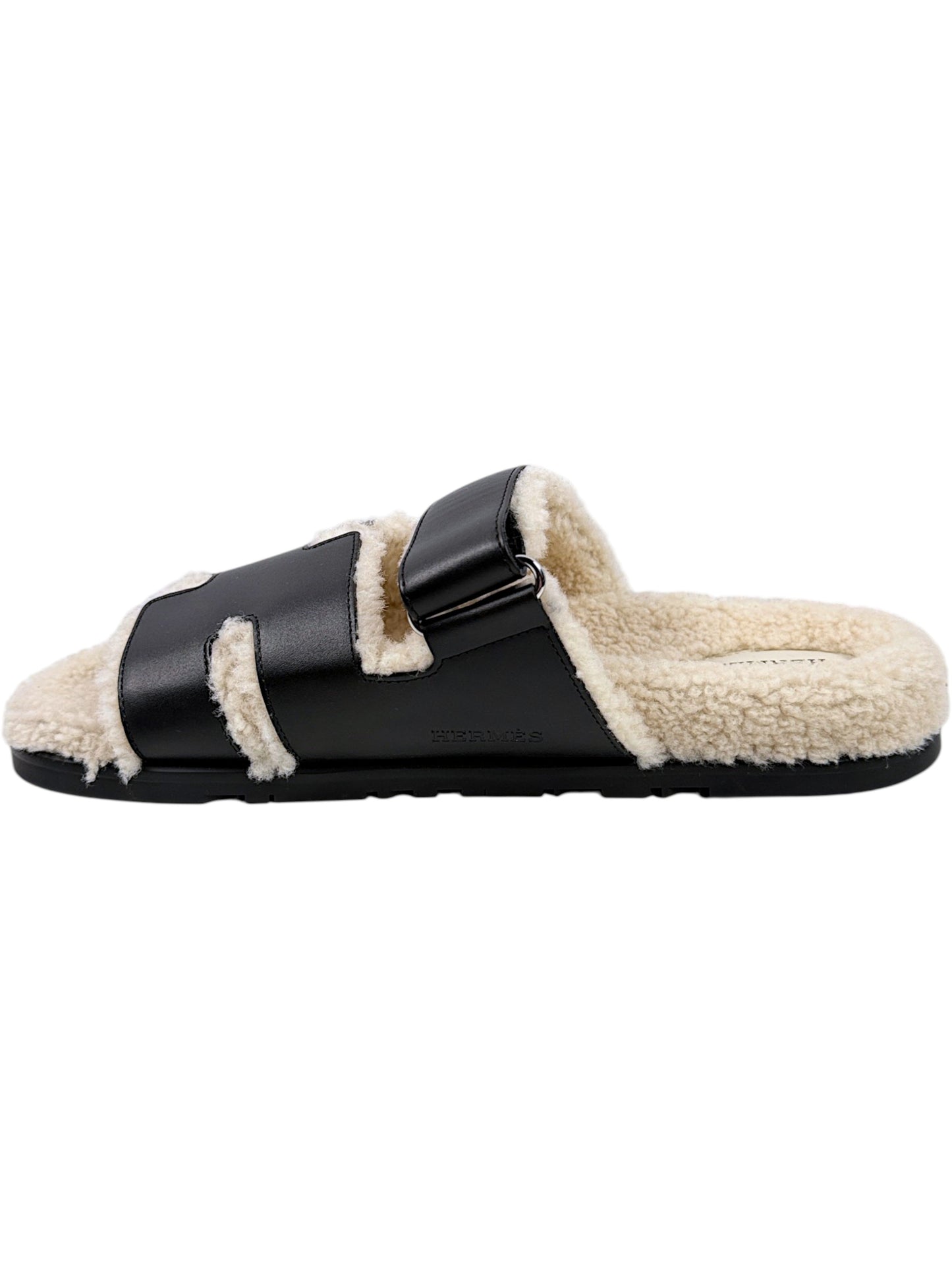 Natural Shearling Footbed Hermès Chypre Black Leather Sandals